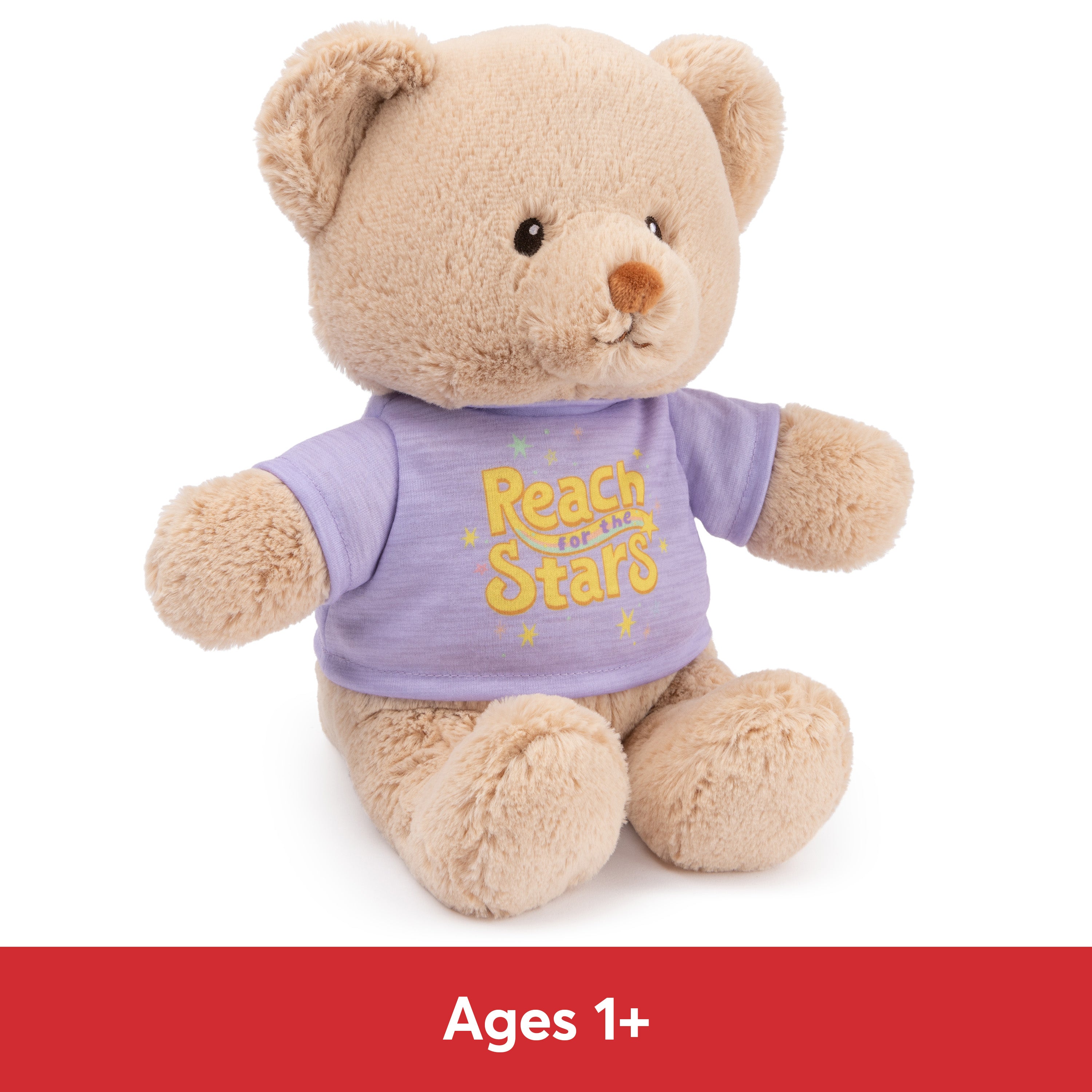 GUND “Reach for the Stars” Sustainable Message Bear with Purple T-Shirt, Teddy Bear Made from 100% Recycled Materials for Ages 1 and Up, Tan, 12”
