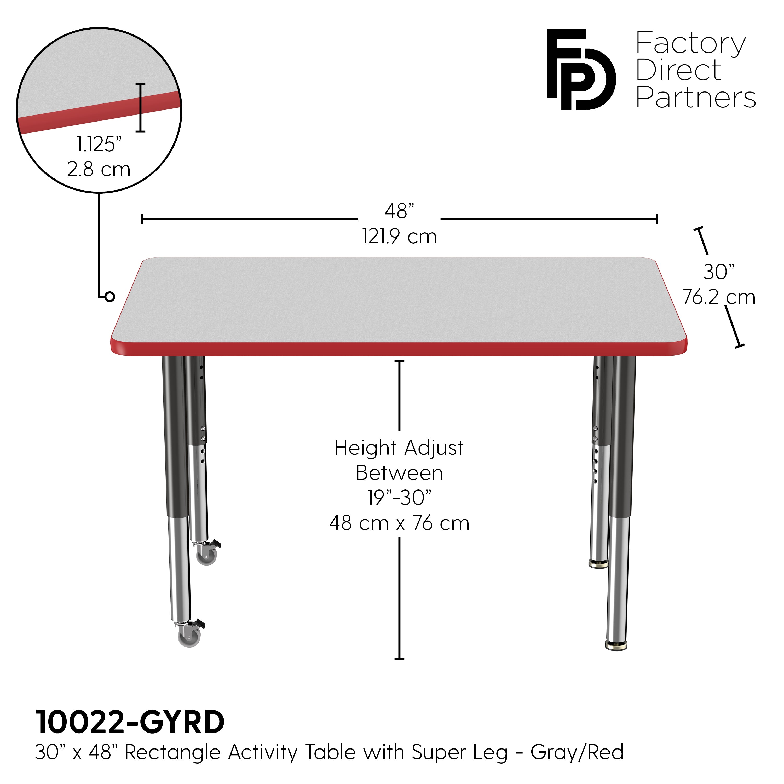 30" x 48" Rectangle T-Molding Activity Table with Adjustable Super Legs - Gray/Red/Black