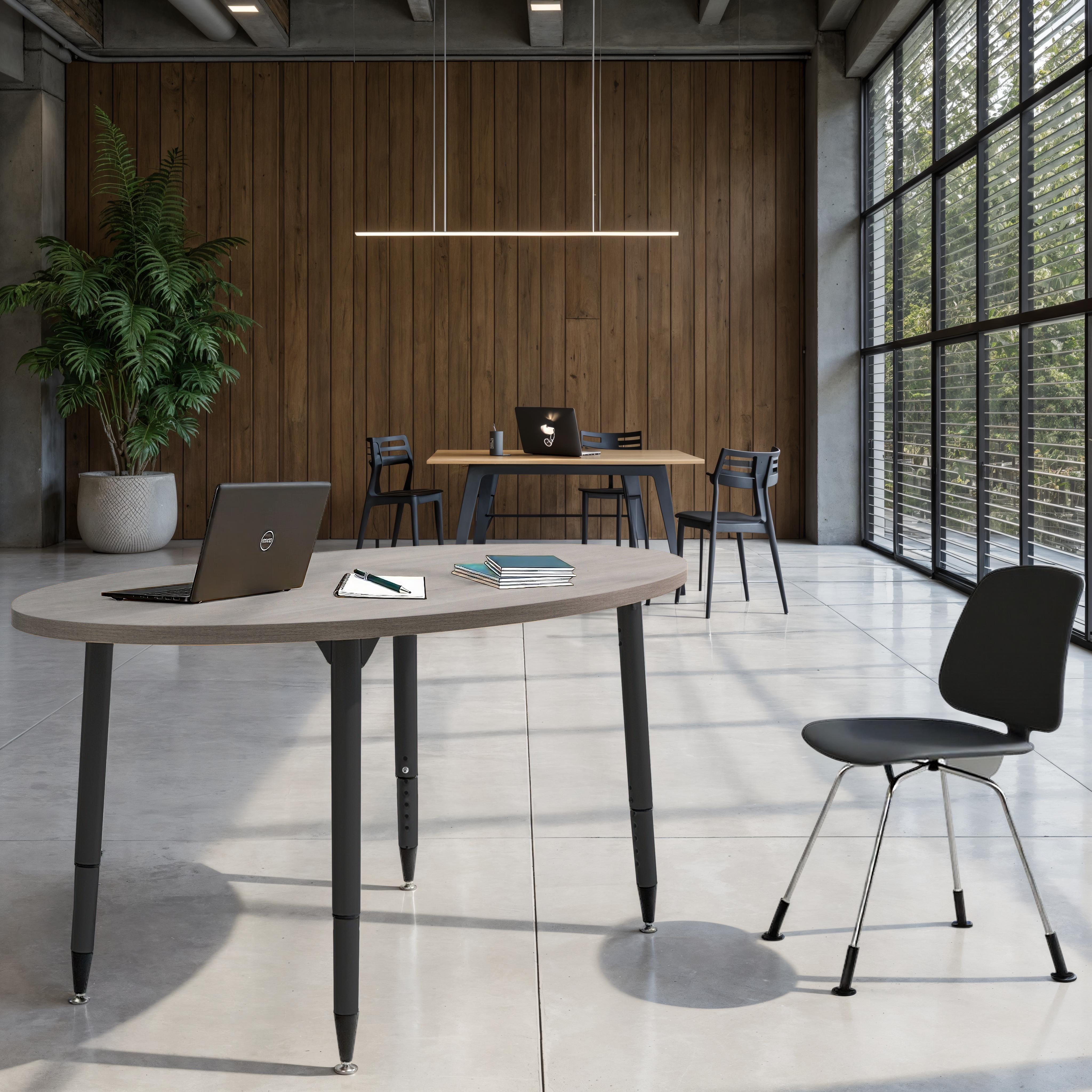 Adapte 30" x 60" Oval Woodgrain Activity Table with Adjustable Tapered Legs - Light Gray Wood/Black