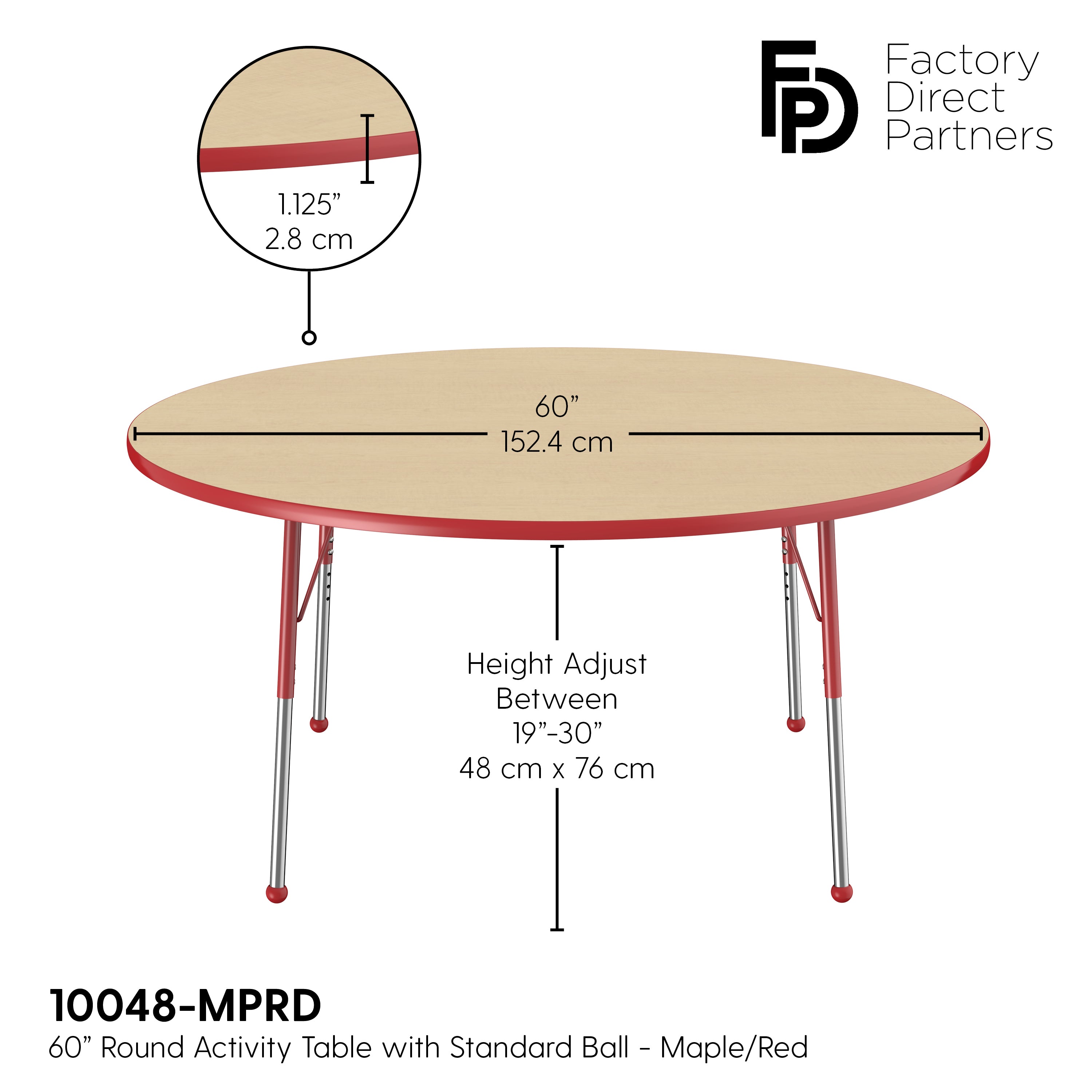 60" Round T-Molding Activity Table with Adjustable Standard Ball Glide Legs - Maple/Red