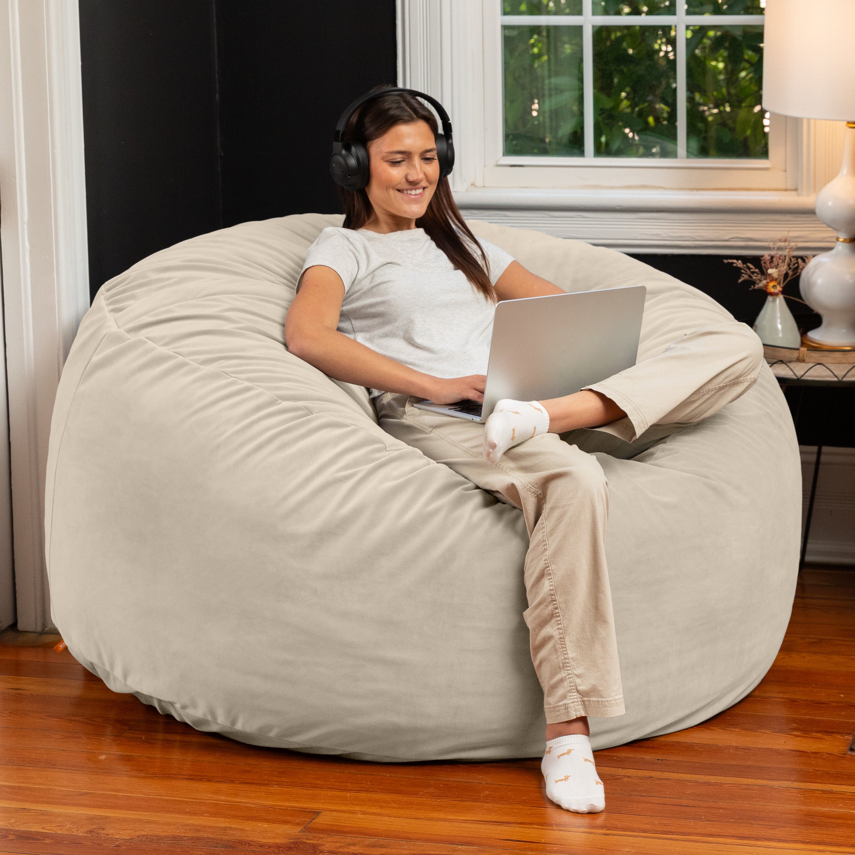 Jaxx 5 Foot Saxx - Large Round Bean Bag Chair for Adults - Lush Velvet Ivory
