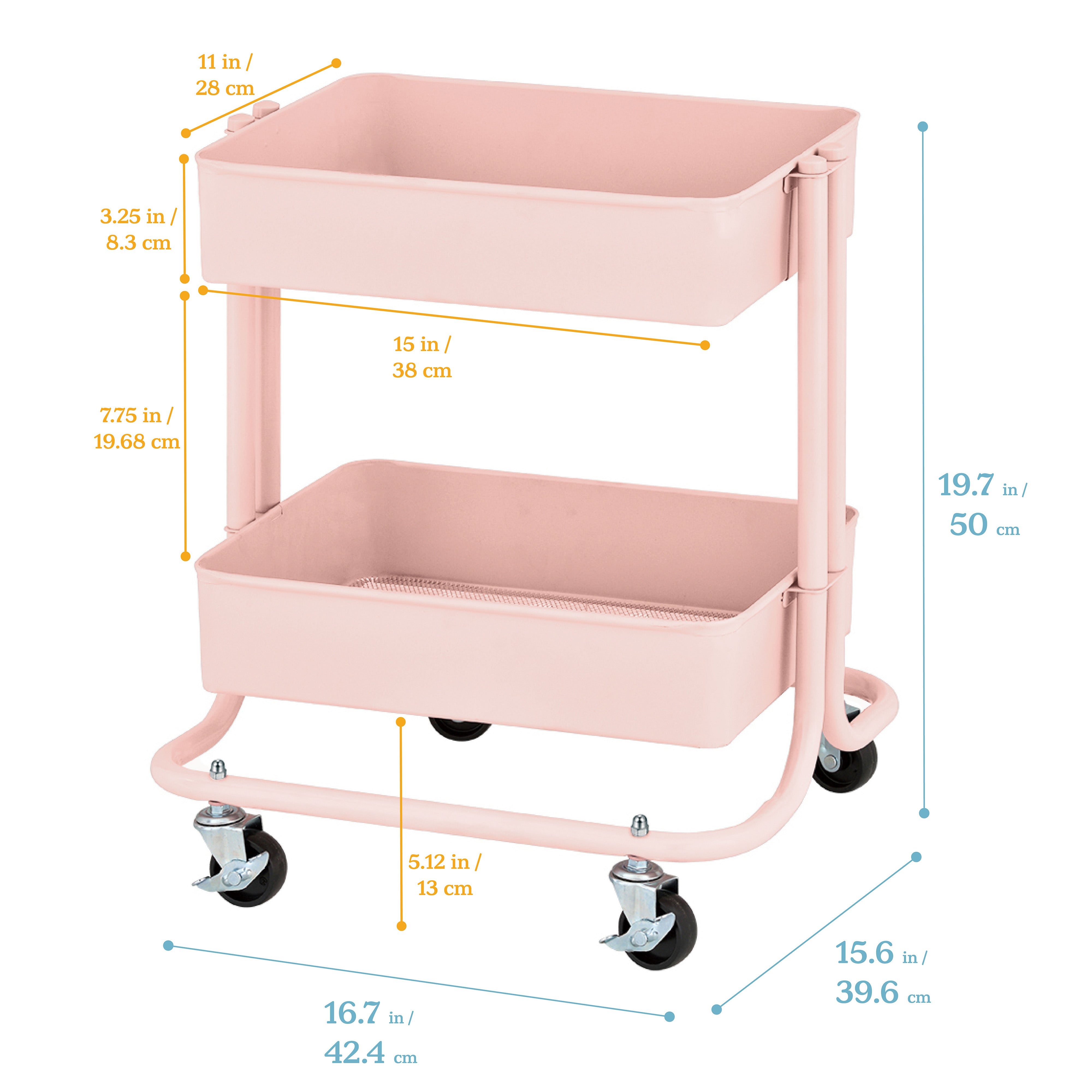 2-Tier Metal Rolling Utility Cart - Pink