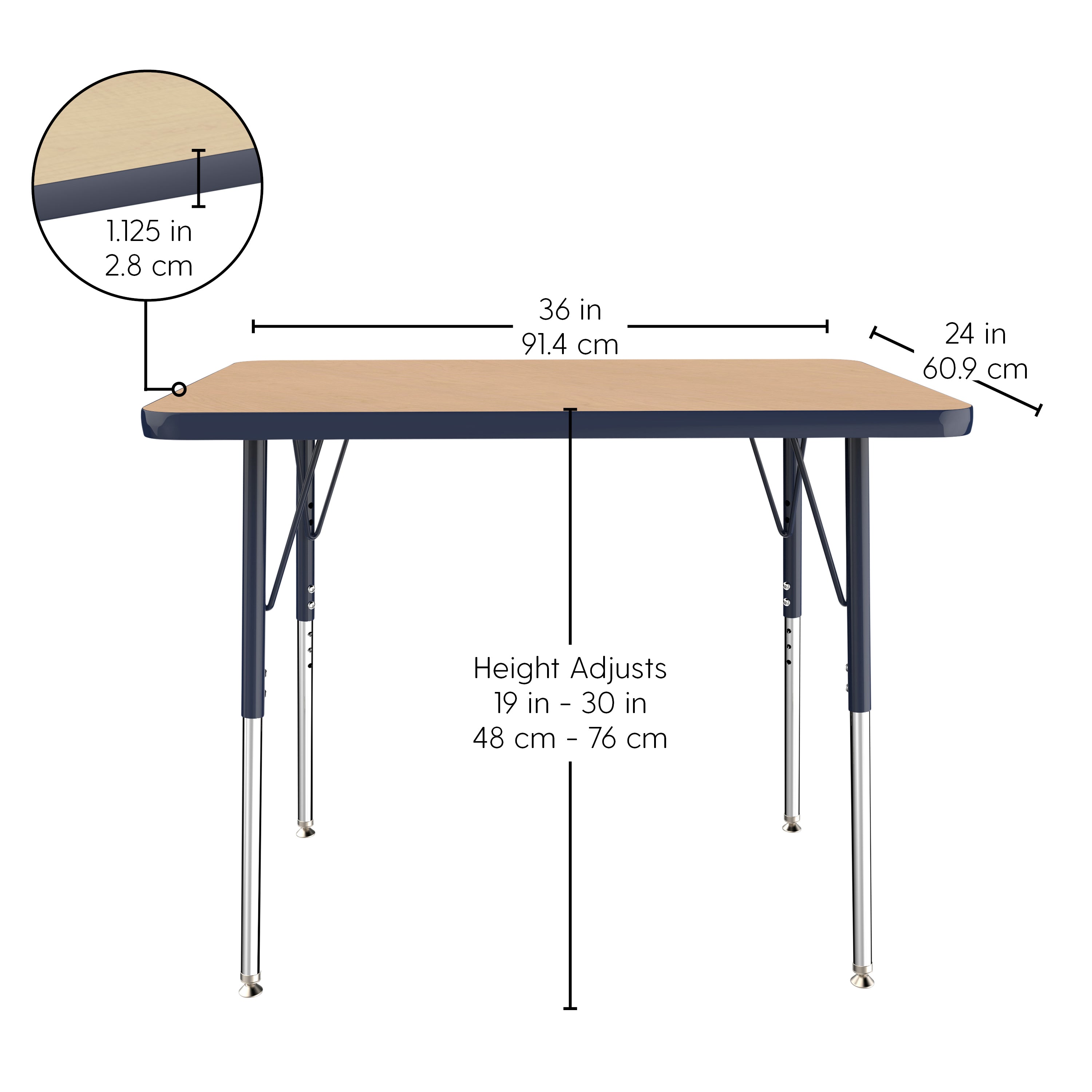 24" x 36" Rectangle T-Molding Activity Table with Adjustable Standard Swivel Glide Legs - Maple/Black