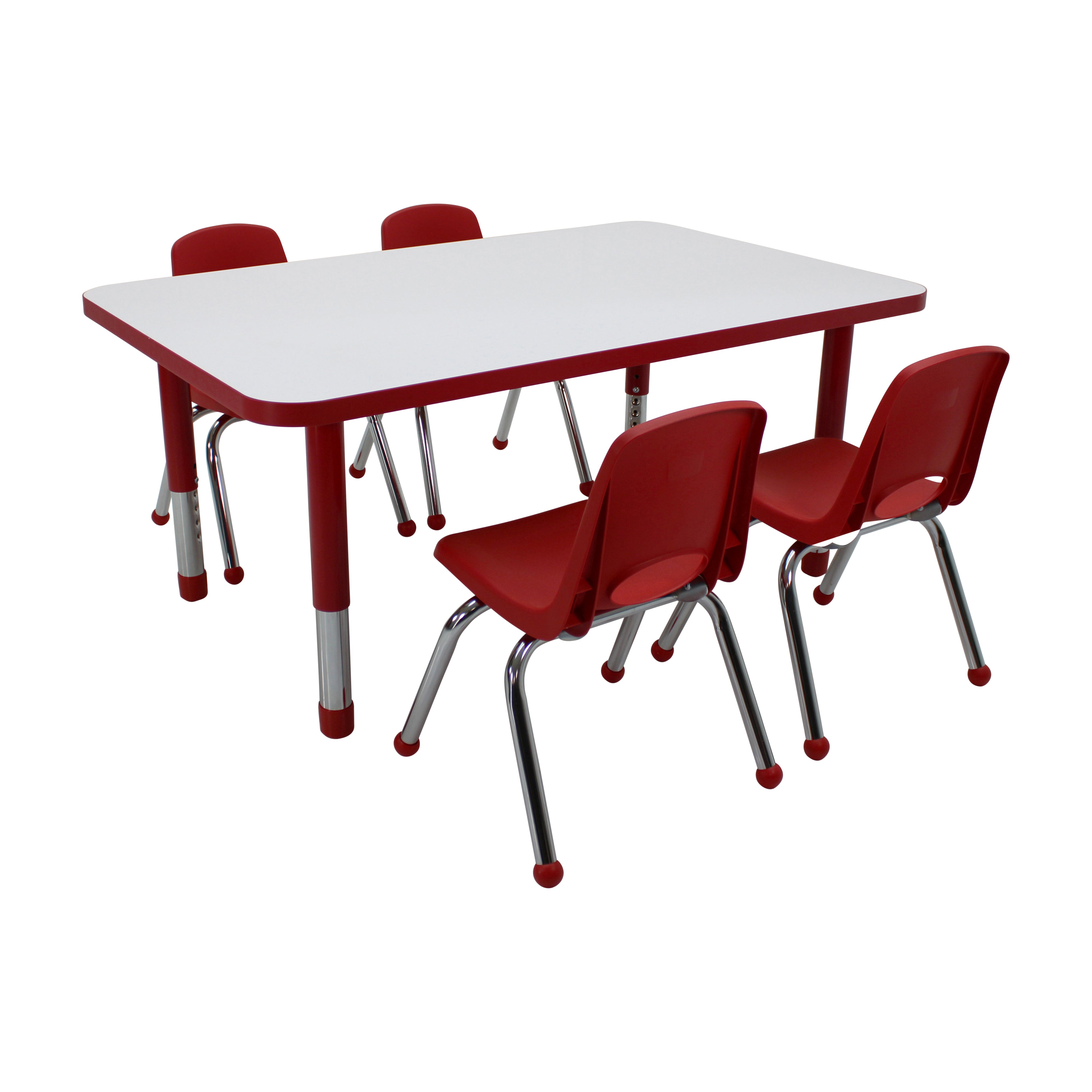 30" x 48" Rectangle Dry-Erase Activity Table with Chunky Legs and 12" Stack Chairs with Ball Glides, 5-Piece Set - Whiteboard/Red