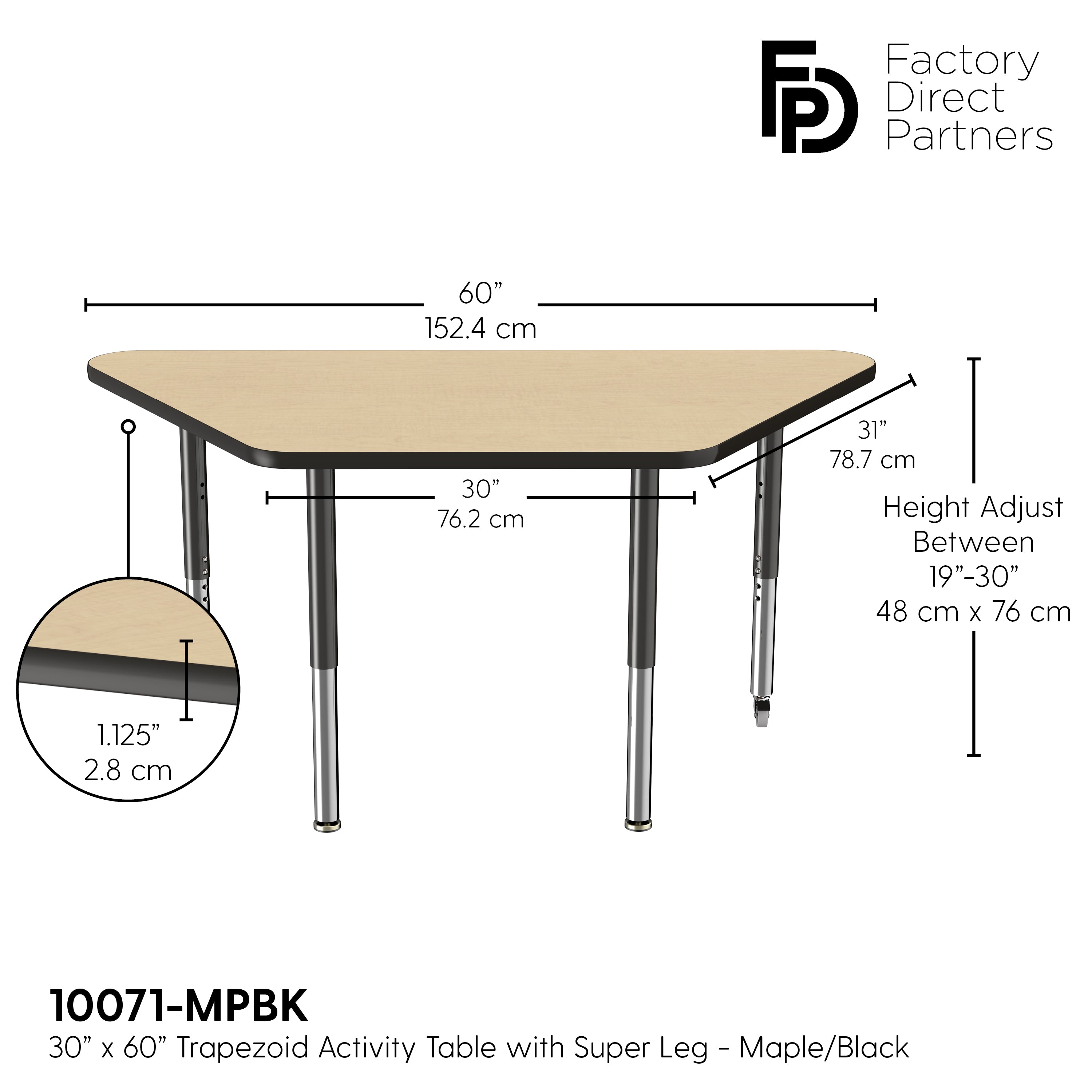 30" x 60" Trapezoid T-Molding Activity Table with Adjustable Super Legs - Maple/Black