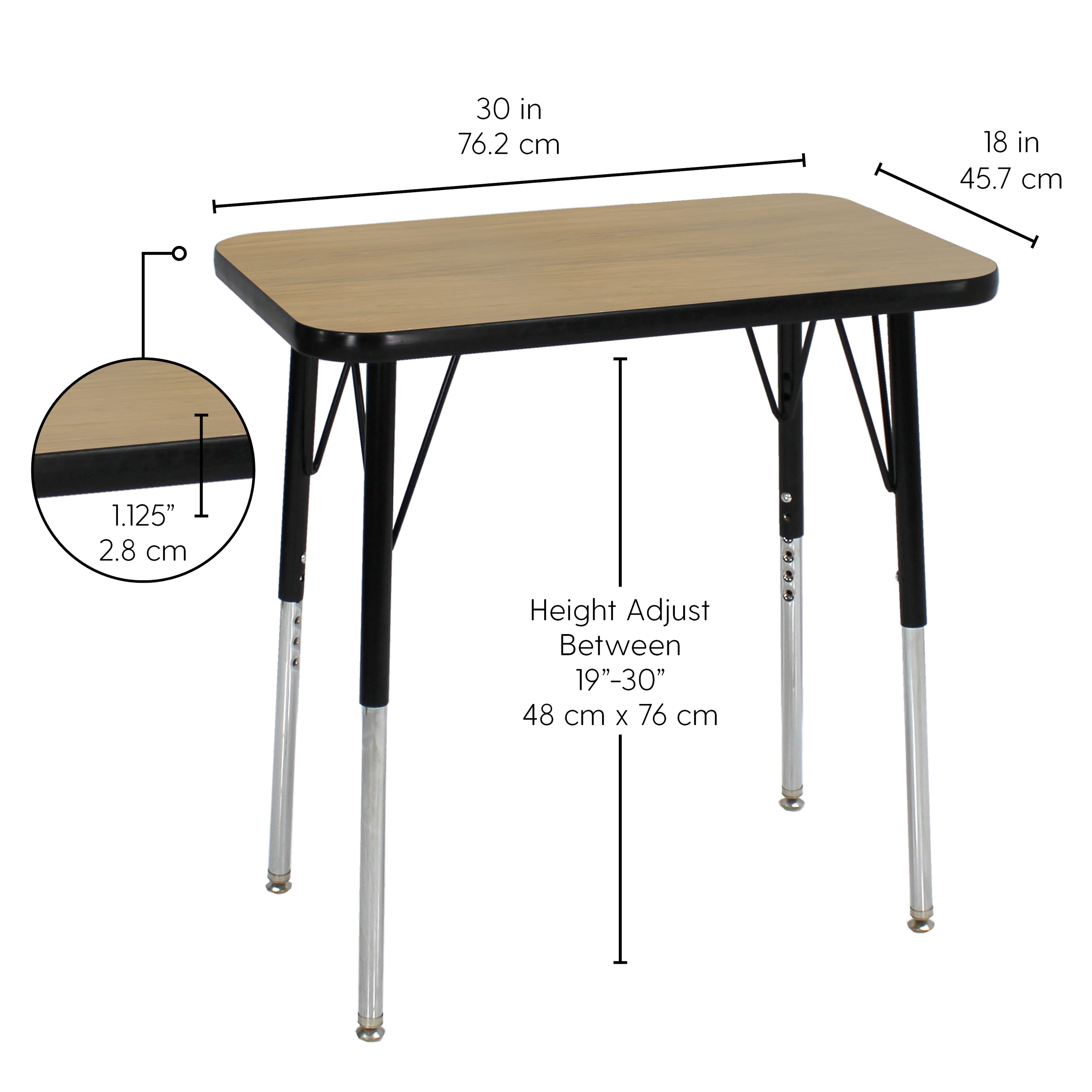 18" x 30" Rectangle T-Molding Activity Table with Adjustable Standard Swivel Glide Legs - Pasadena Oak/Black