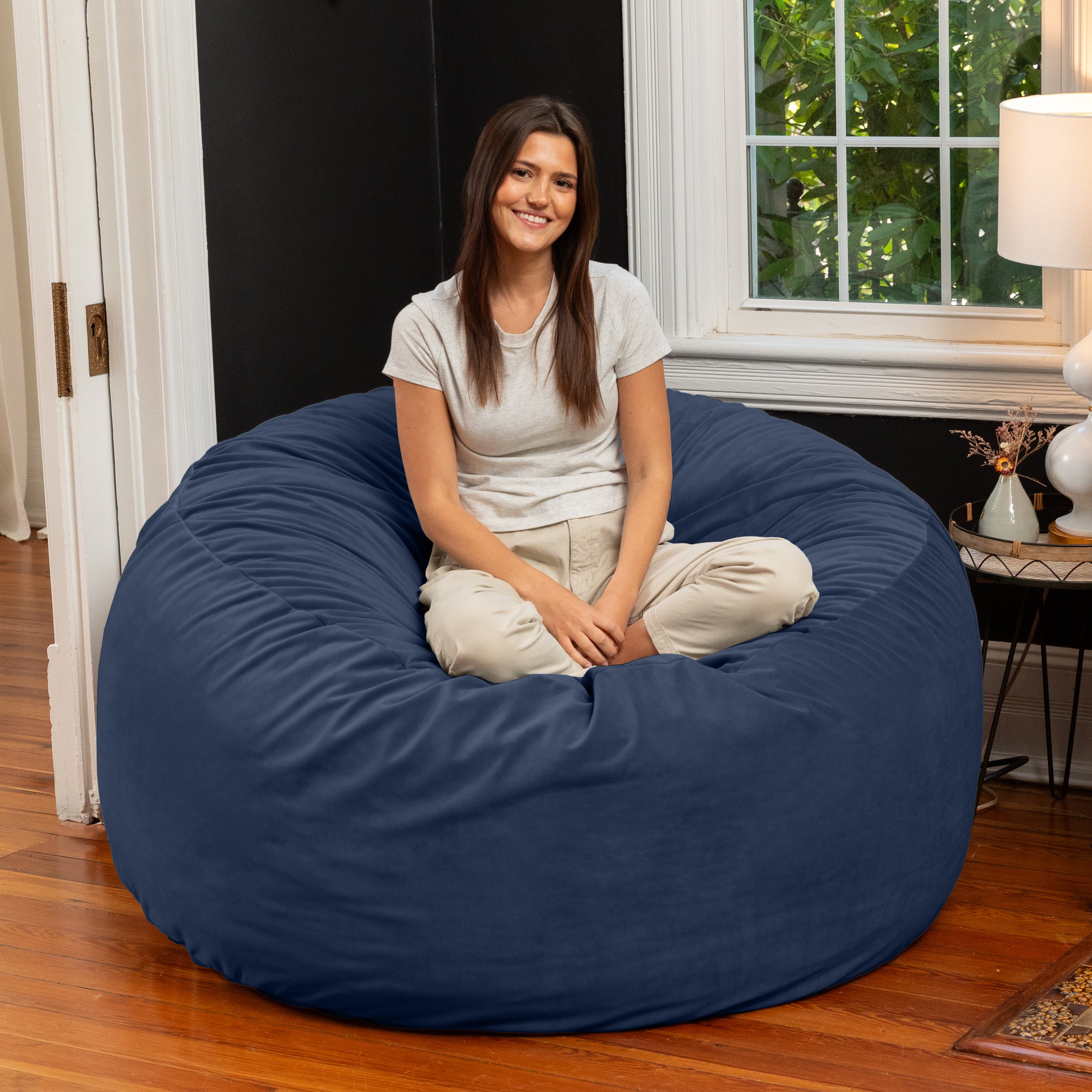Jaxx 5 Foot Saxx - Large Round Bean Bag Chair for Adults - Lush Velvet Navy Blue