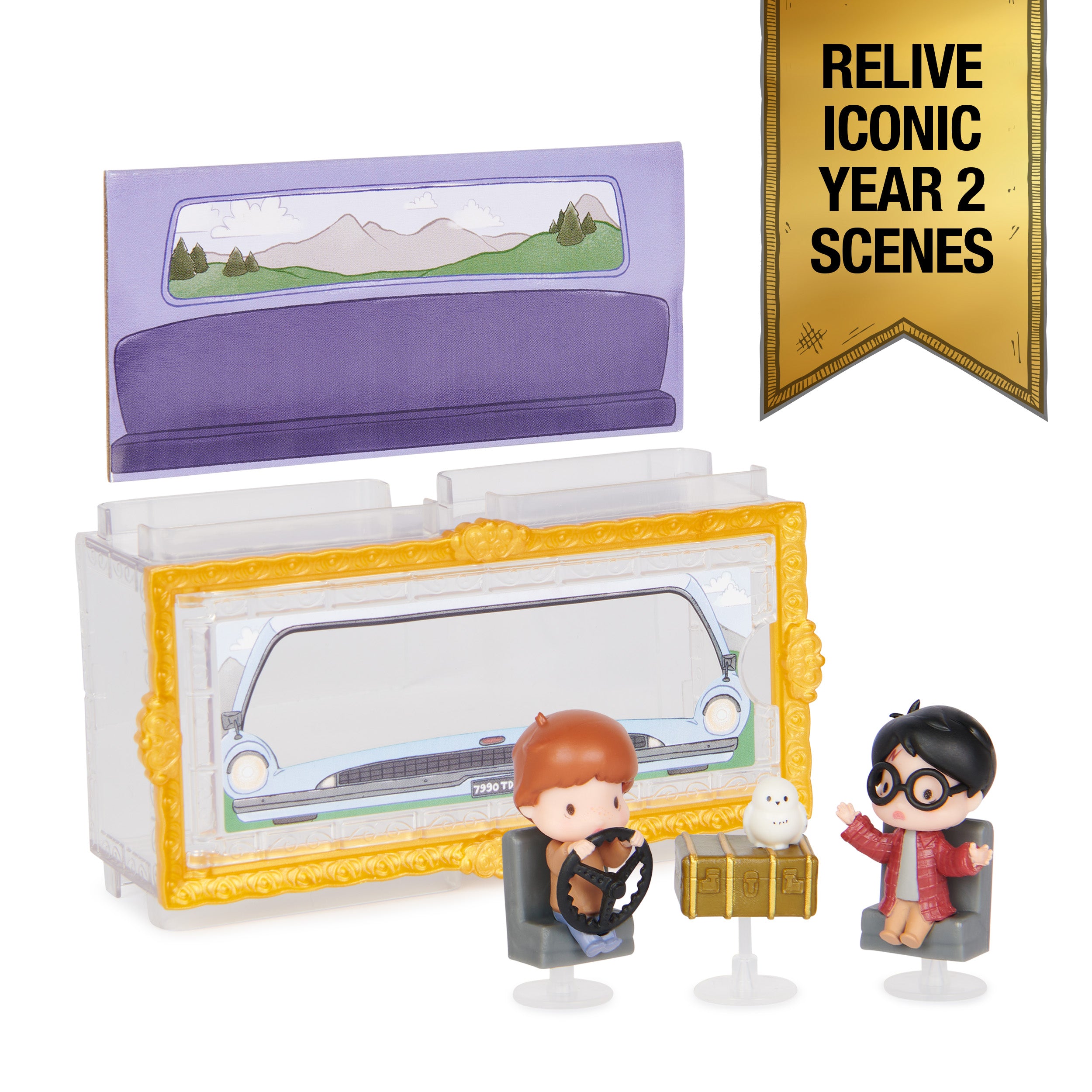 Wizarding World Harry Potter, Micro Magical Moments Year 2 Flying Car Figure Set with Harry, Ron, Hedwig & Display Case, Kids Toys for Ages 6+