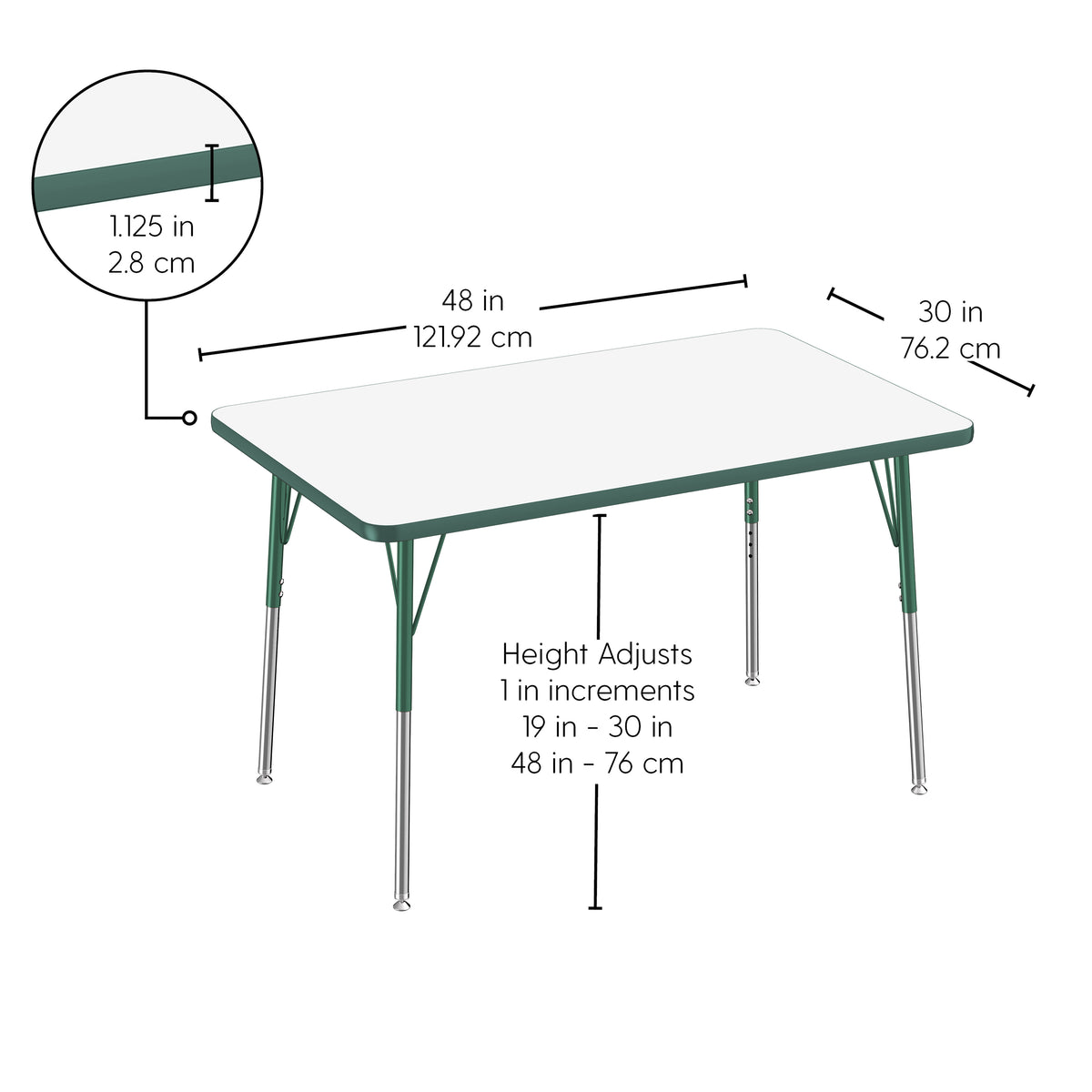 30" x 48" Rectangle Dry-Erase Activity Table with Adjustable Standard Swivel Glide Legs - Whiteboard/Green
