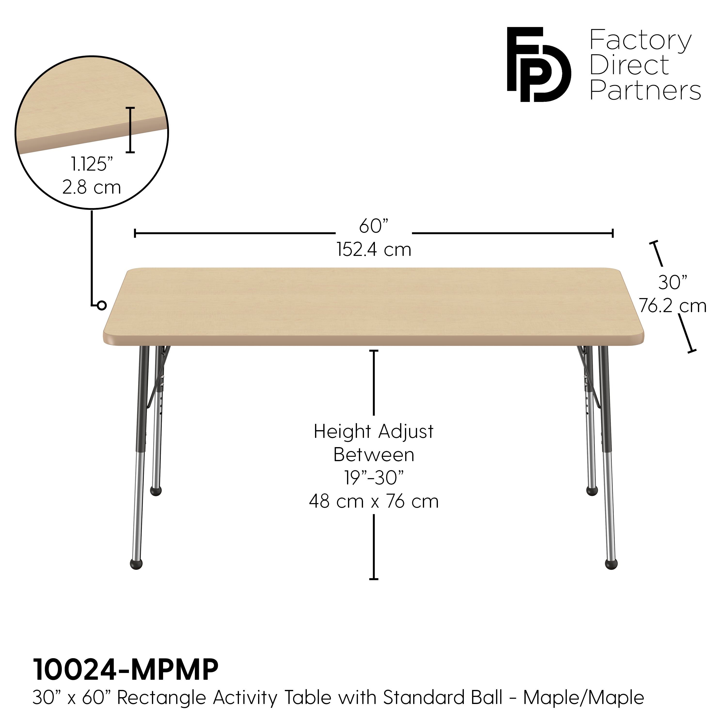 30" x 60" Rectangle T-Molding Activity Table with Adjustable Standard Ball Glide Legs - Maple/Maple/Black