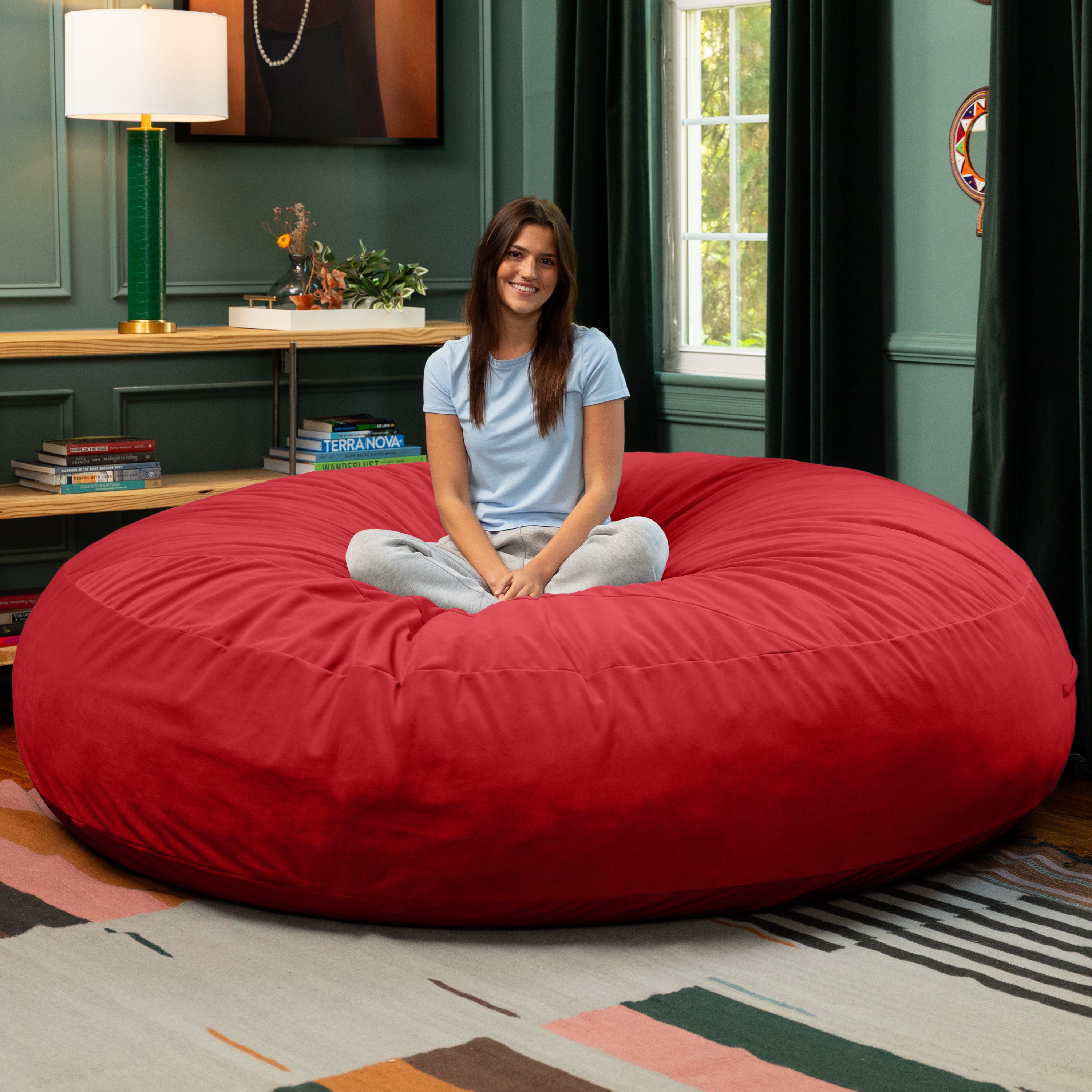 Jaxx 6 Foot Cocoon - 2-in-1 Convertible Bean Bag Bed & Large Bean Bag Chair for Adults, Premium Lush Velvet - Merlot