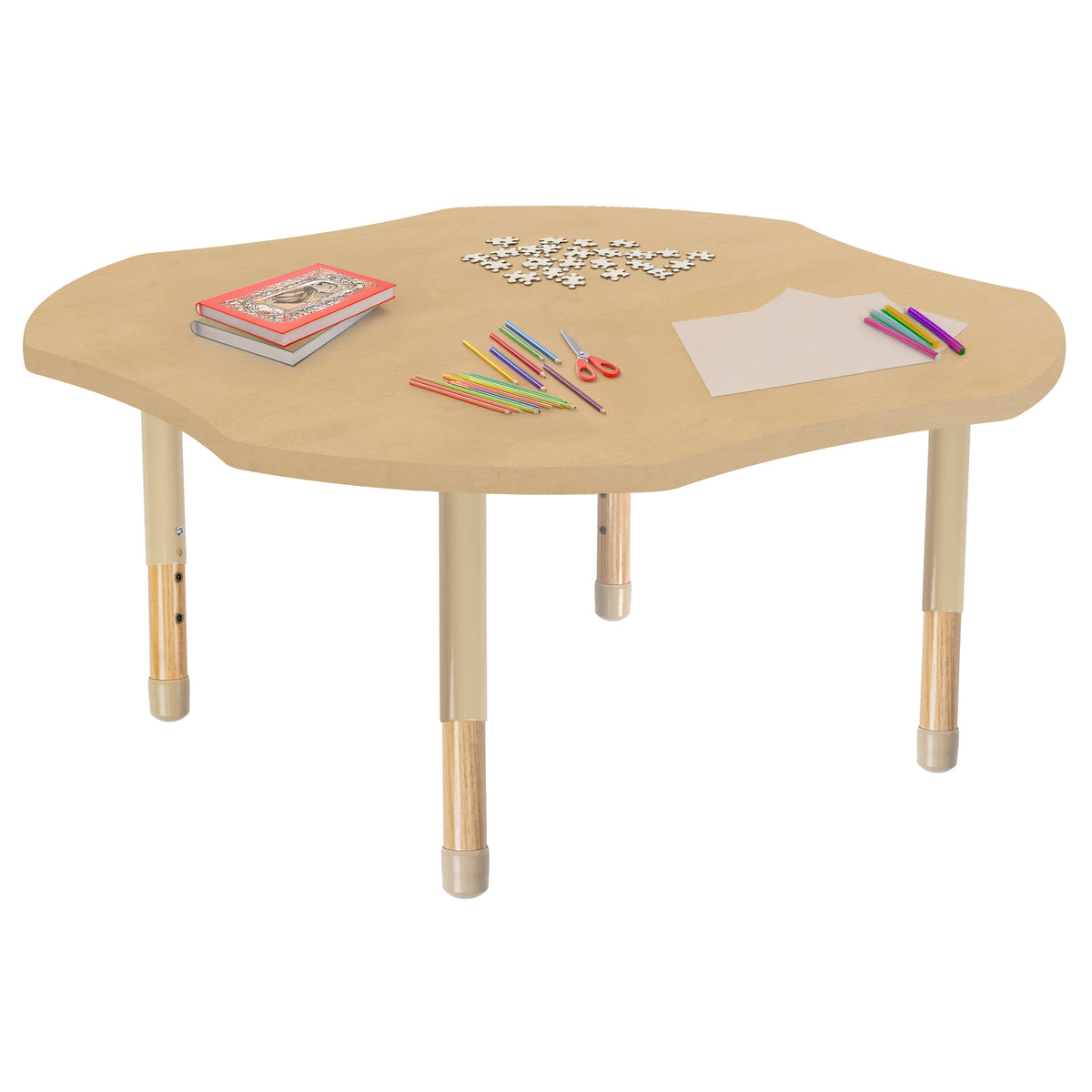 48" x 48" Clover Thermofused Activity Table with Adjustable Chunky Wood Legs - Maple Grain/Sand/Natural