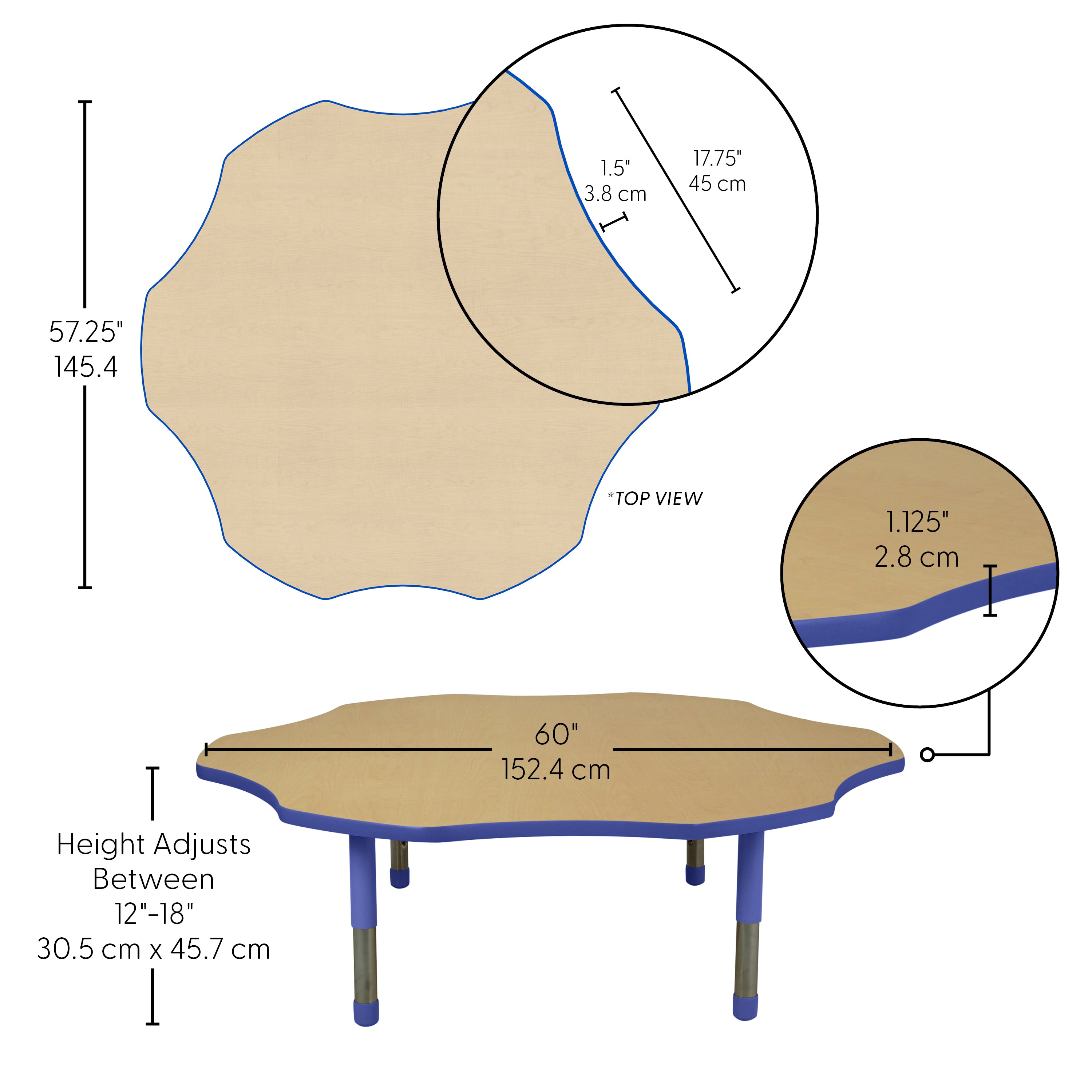 60" x 60" Flower T-Molding Activity Table with Adjustable Tiny Tot Legs - Maple/Blue