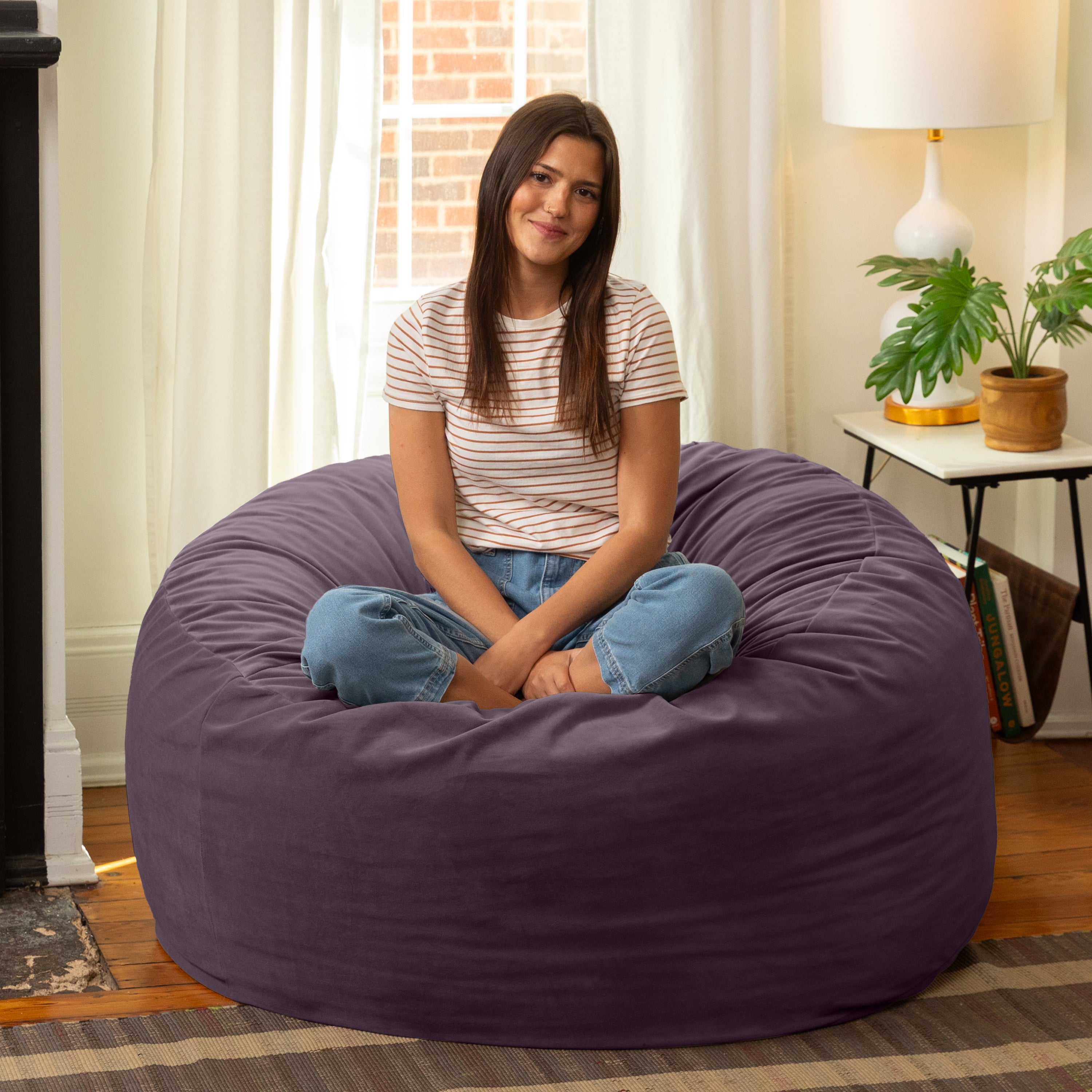 Jaxx 4 Foot Saxx - Large Round Bean Bag Chair for Adults - Lush Velvet Purple