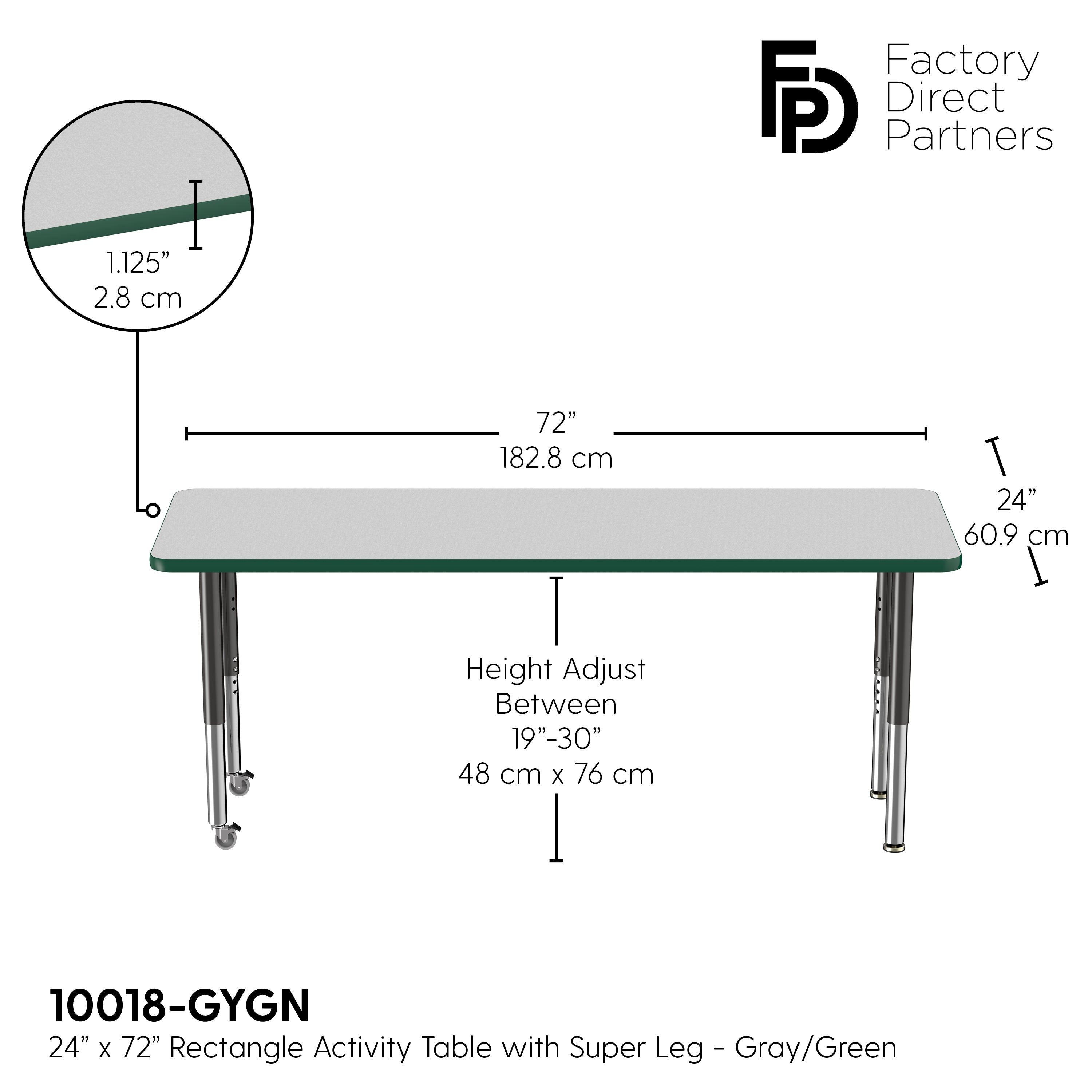 24" x 72" Rectangle T-Molding Activity Table with Adjustable Super Legs - Gray/Green/Black