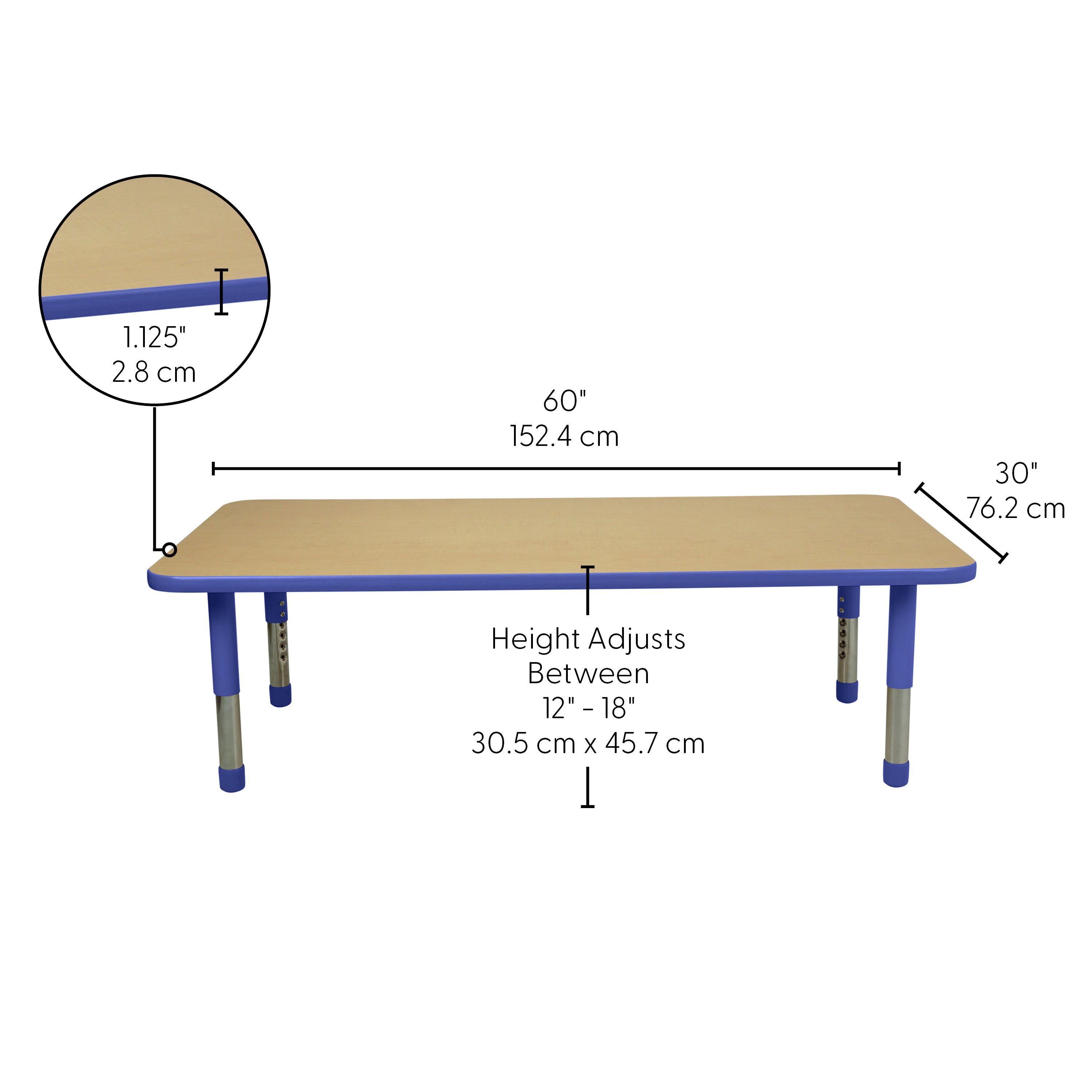 30" x 60" Rectangle T-Molding Activity Table with Adjustable Tiny Tot Legs - Maple/Blue