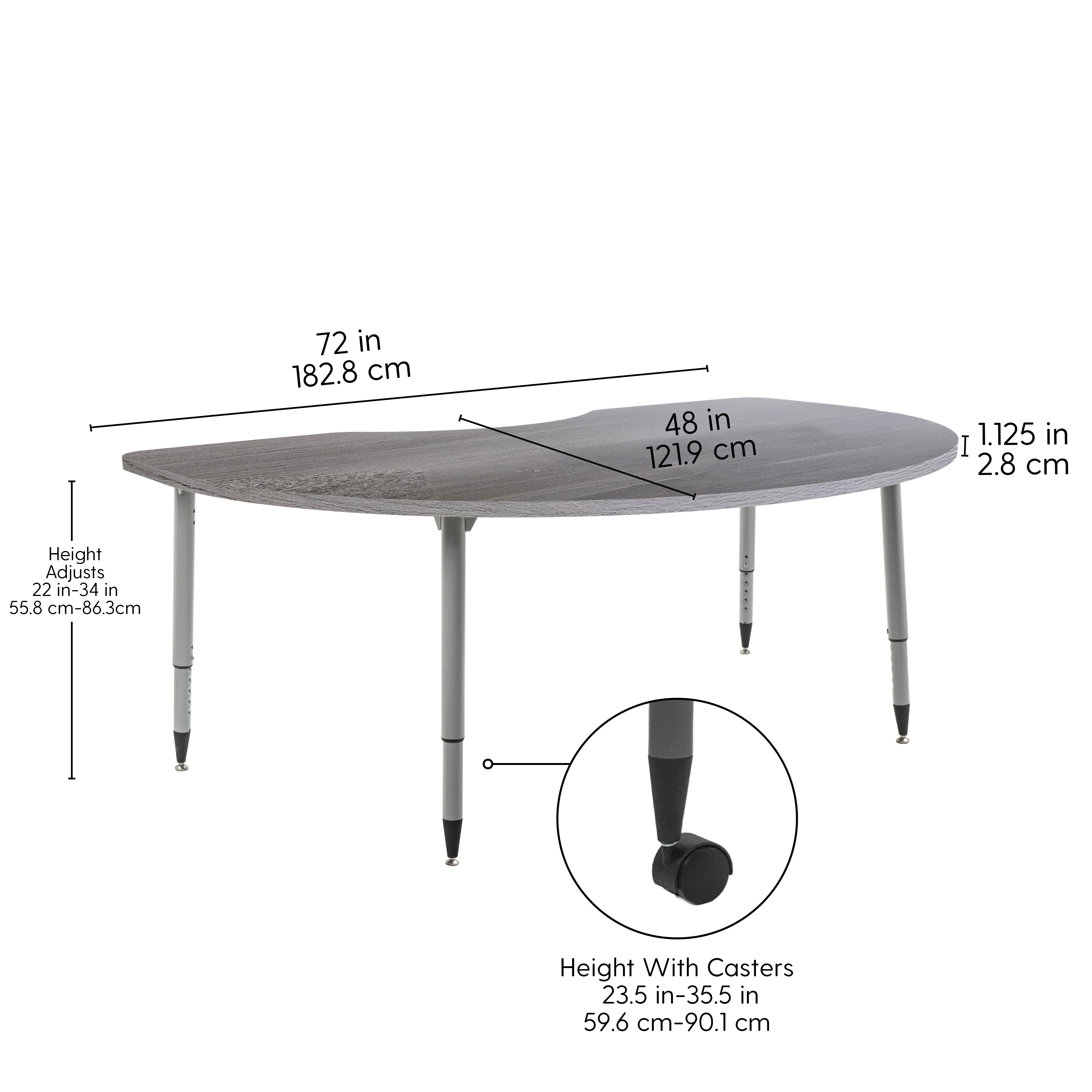 Adapte 48" x 72" Kidney Woodgrain Activity Table with Adjustable Tapered Legs - Gray Wood/Silver
