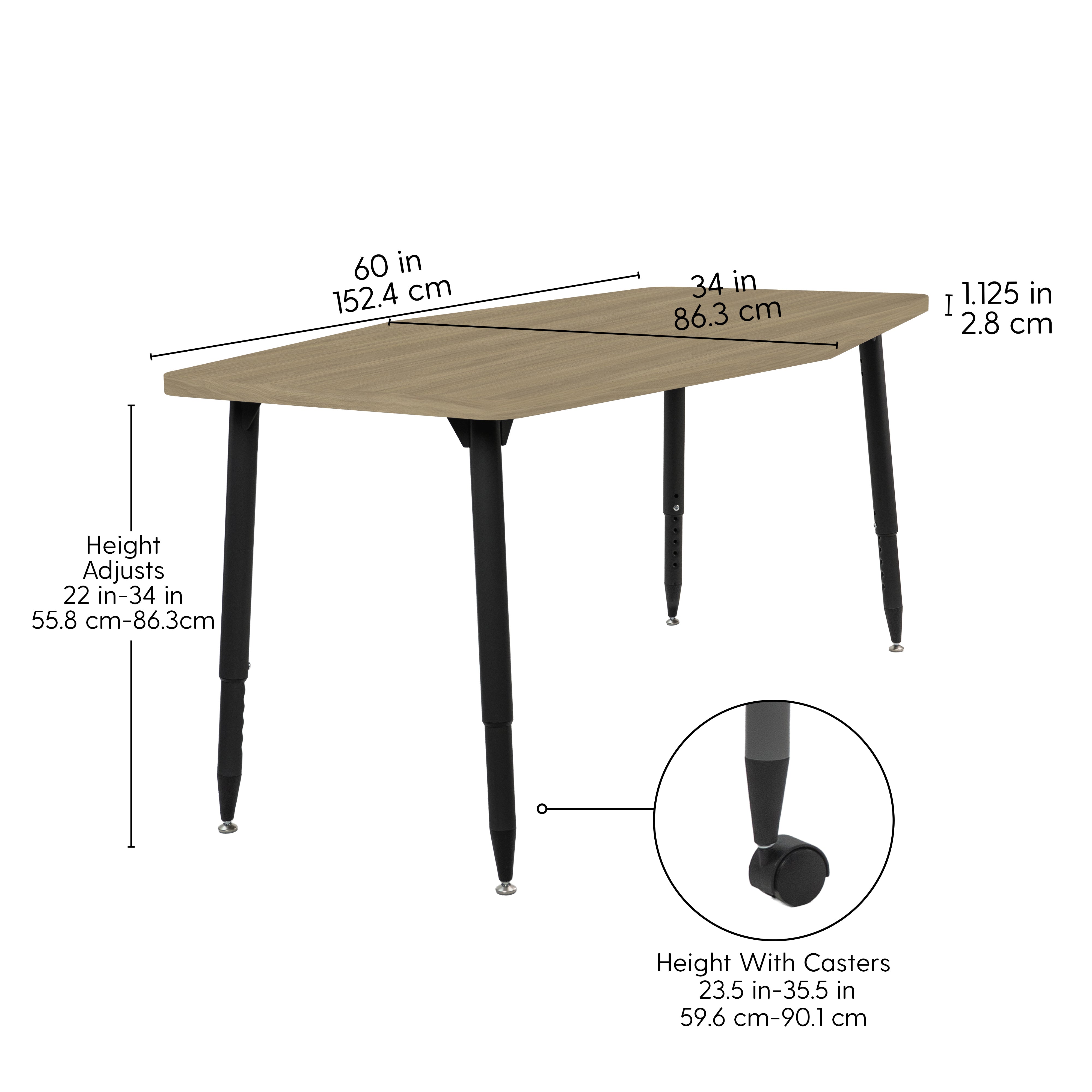 Adapte 34" x 60" Long Hexagon Woodgrain Activity Table with Adjustable Tapered Legs - Pasadena Oak/Black