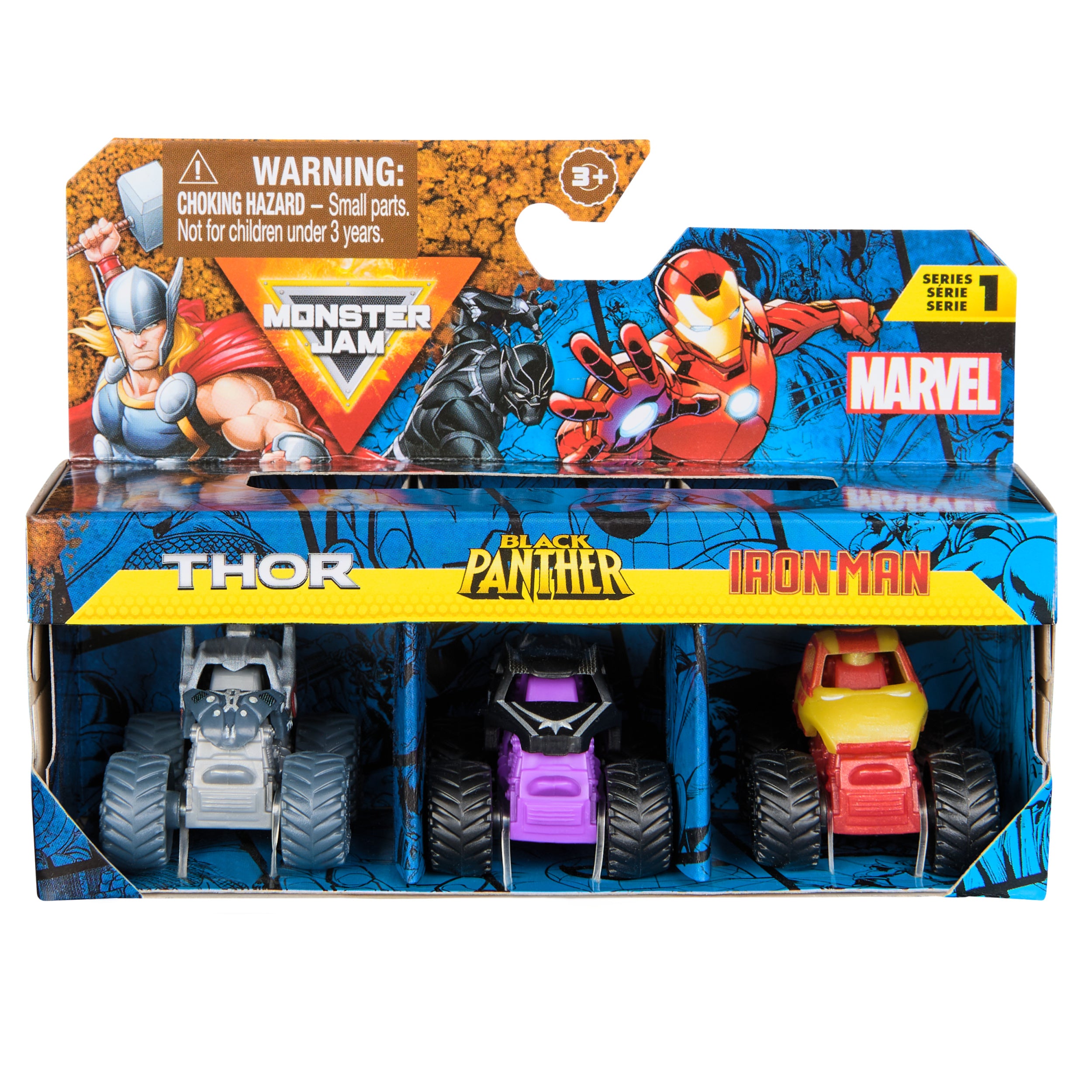 Monster Jam, Marvel Mini Monster Truck 3-Pack, 1:87 Scale, Kids Toys for Boys Ages 3 and Up  Styles May Vary