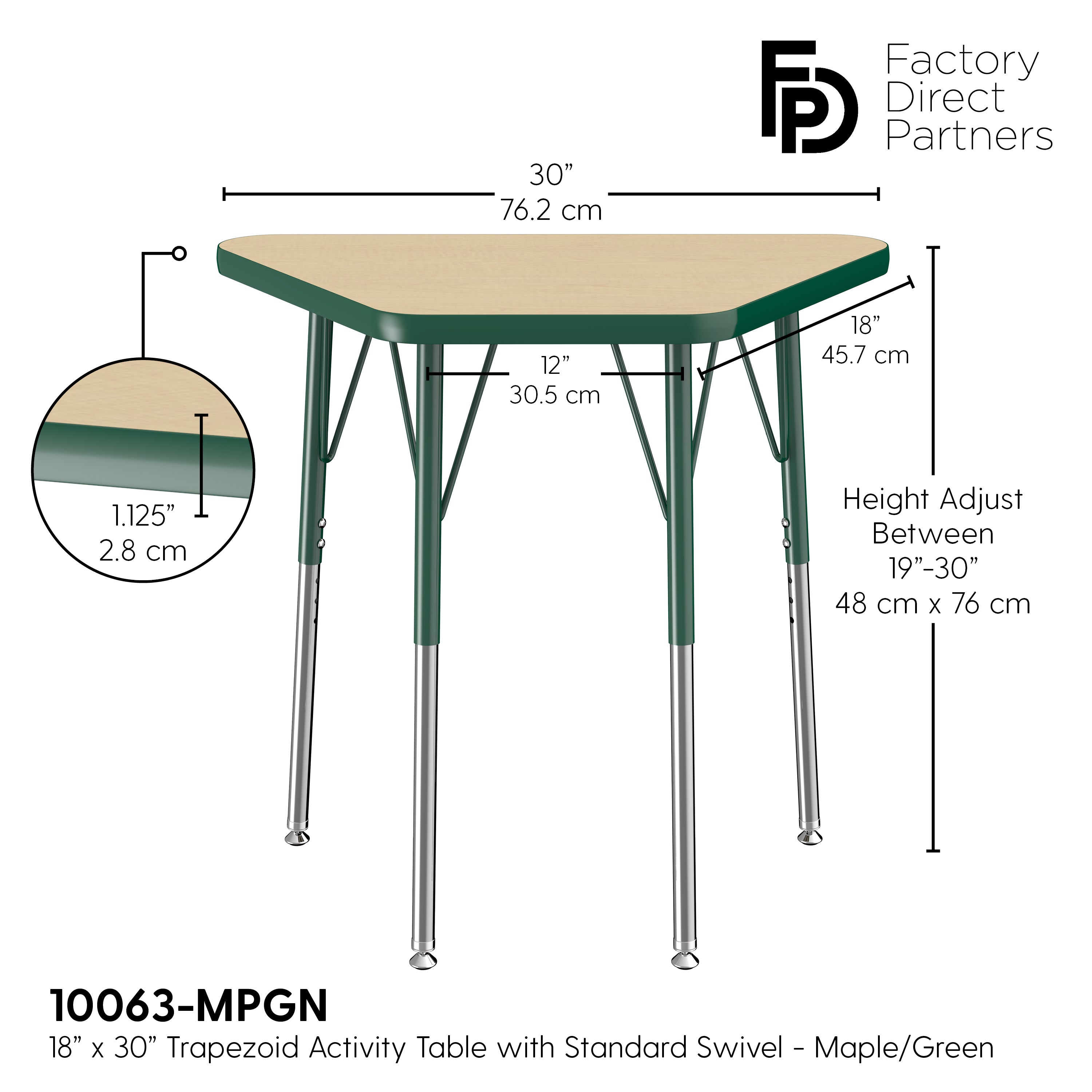 18" x 30" Trapezoid T-Molding Activity Table with Adjustable Standard Swivel Glide Legs - Maple/Green