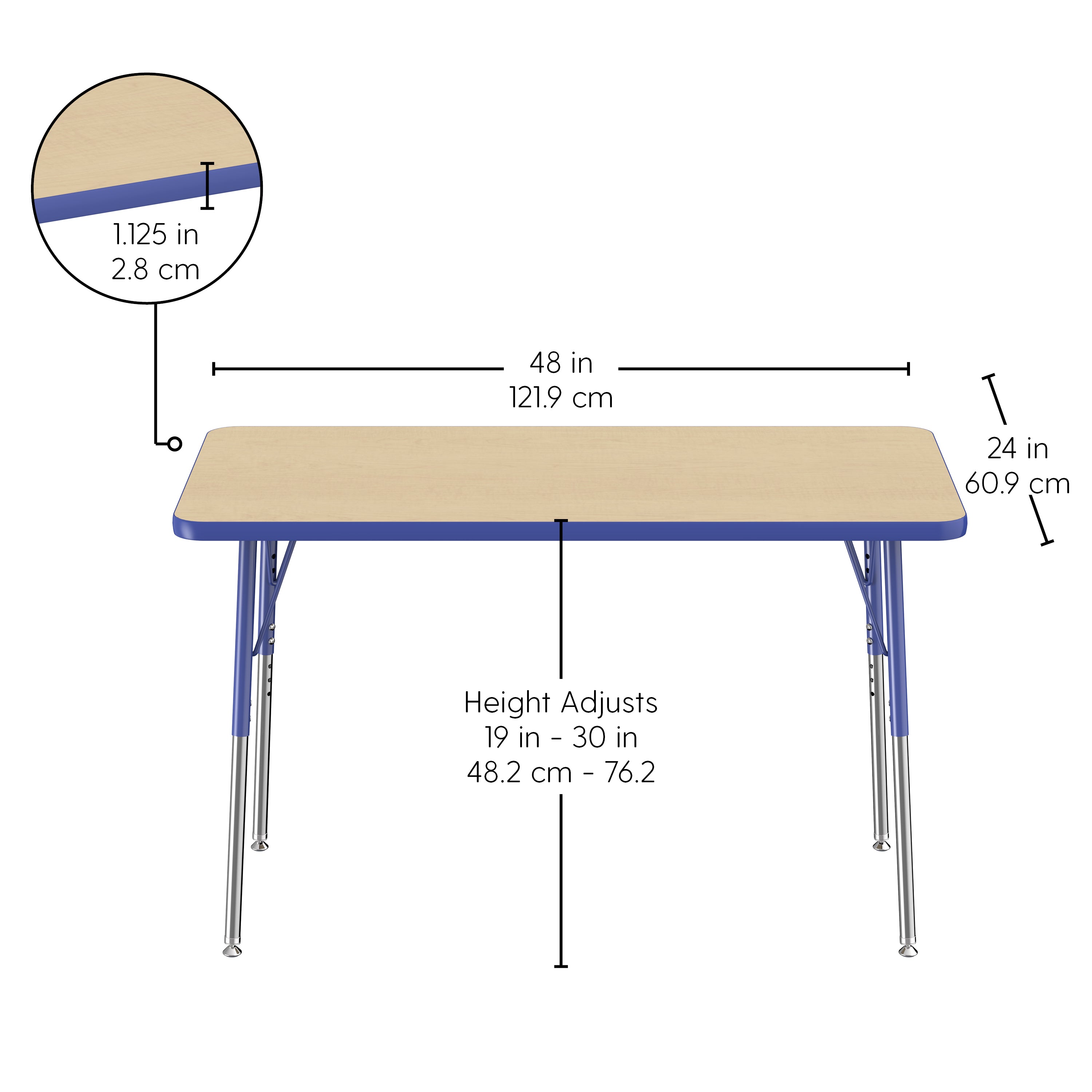 24" x 48" Rectangle T-Molding Activity Table with Adjustable Standard Swivel Glide Legs - Maple/Blue