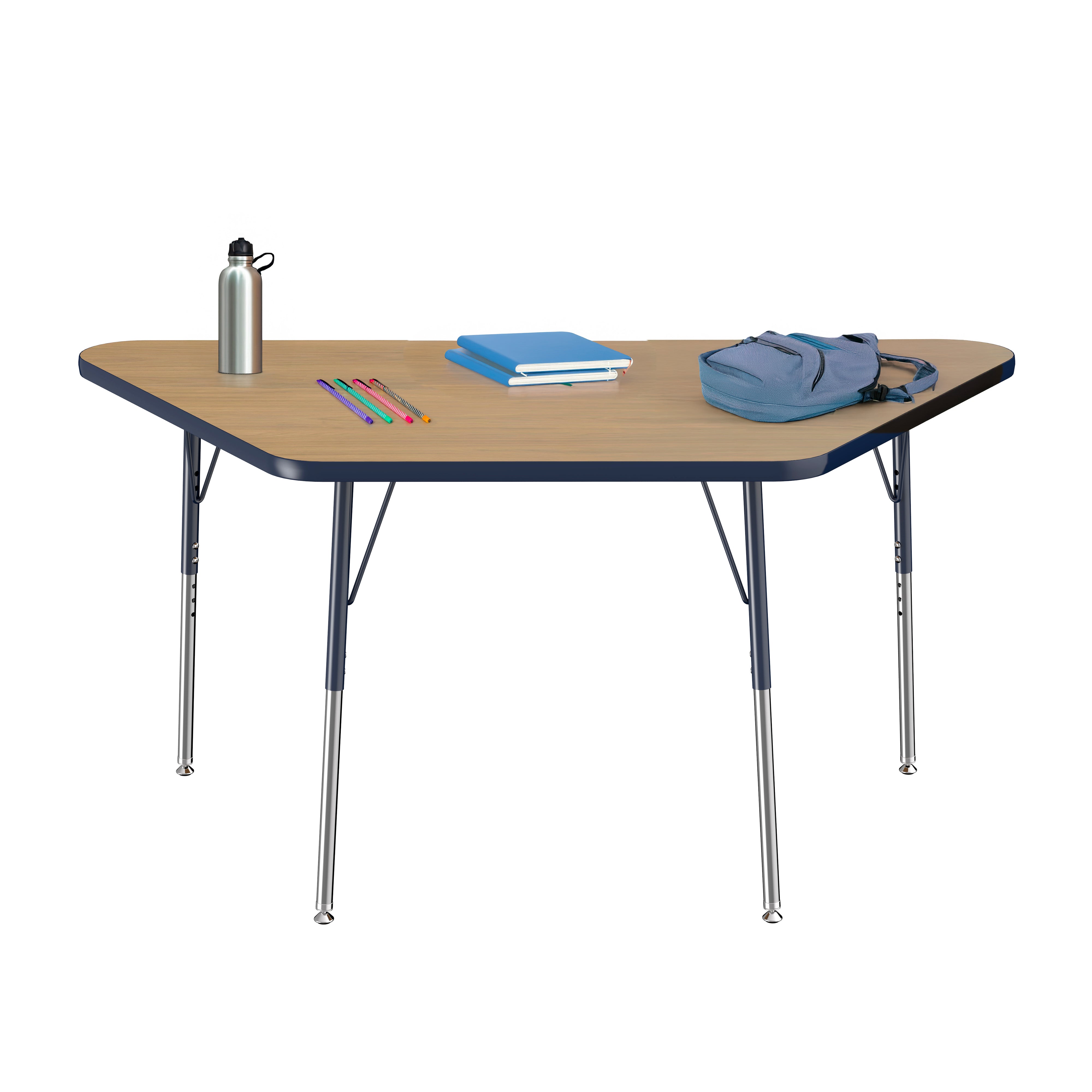 30" x 60" Trapezoid T-Molding Activity Table with Adjustable Standard Swivel Glide Legs - Pasadena Oak/Navy