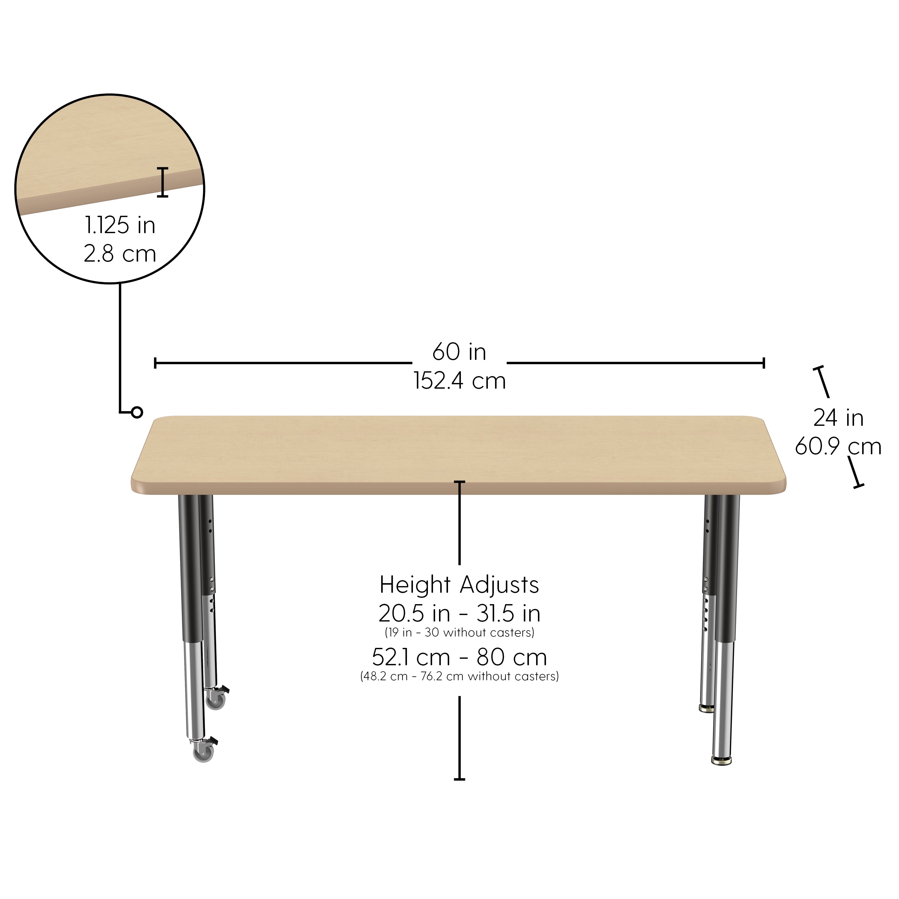 24" x 60" Rectangle T-Molding Activity Table with Adjustable Super Legs - Maple/Maple/Black