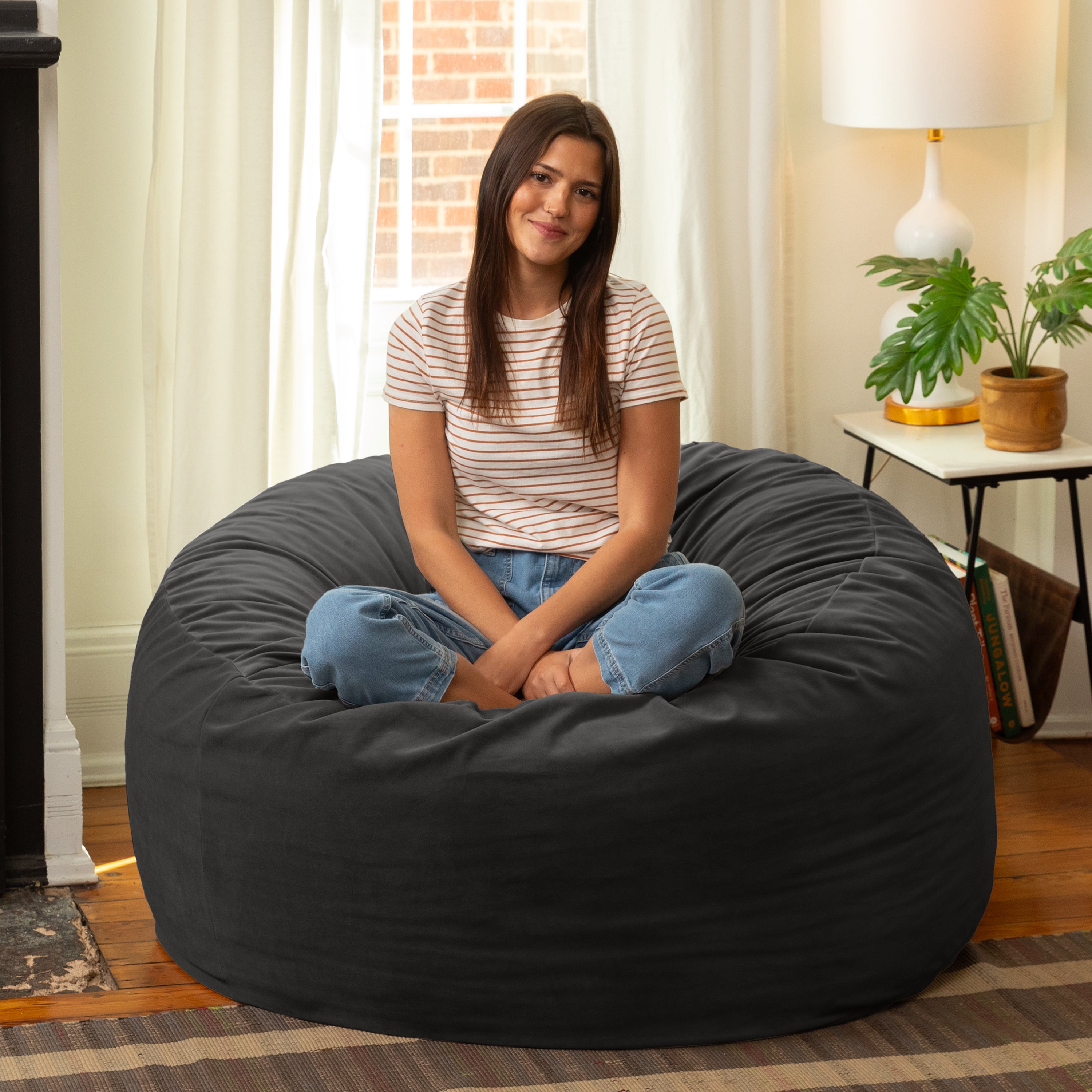 Jaxx 4 Foot Saxx - Large Round Bean Bag Chair for Adults - Lush Velvet Black
