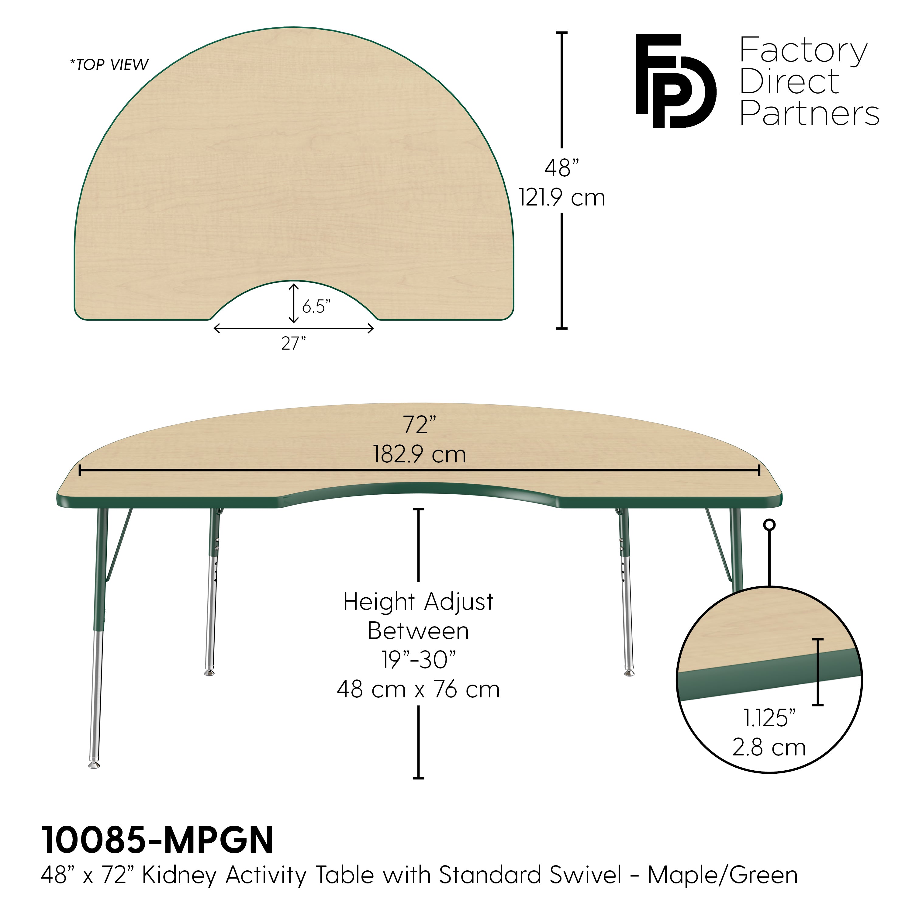 48" x 72" Kidney T-Molding Activity Table with Adjustable Standard Swivel Glide Legs - Maple/Green