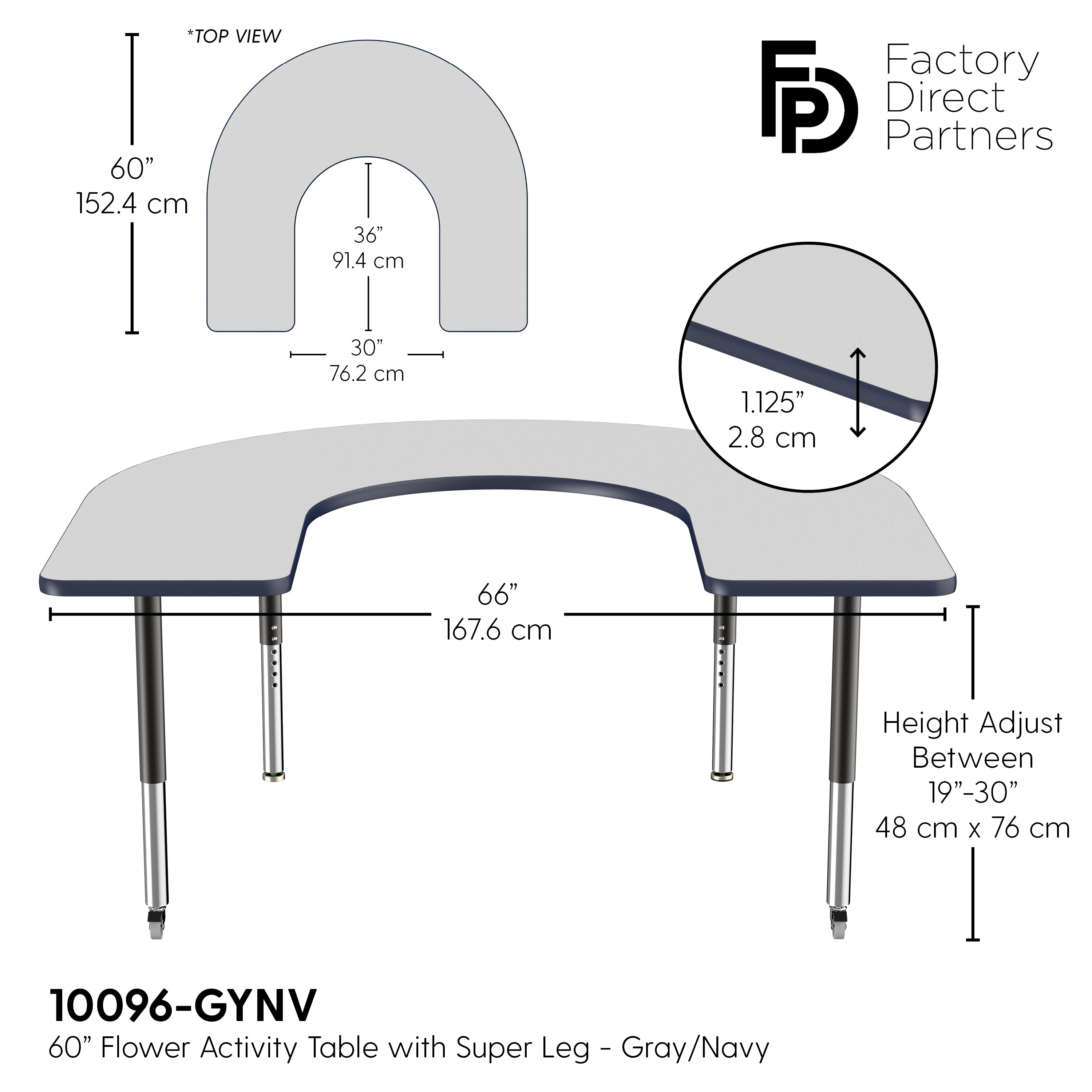 60" x 66" Horseshoe T-Molding Activity Table with Adjustable Super Legs - Gray/Navy/Black