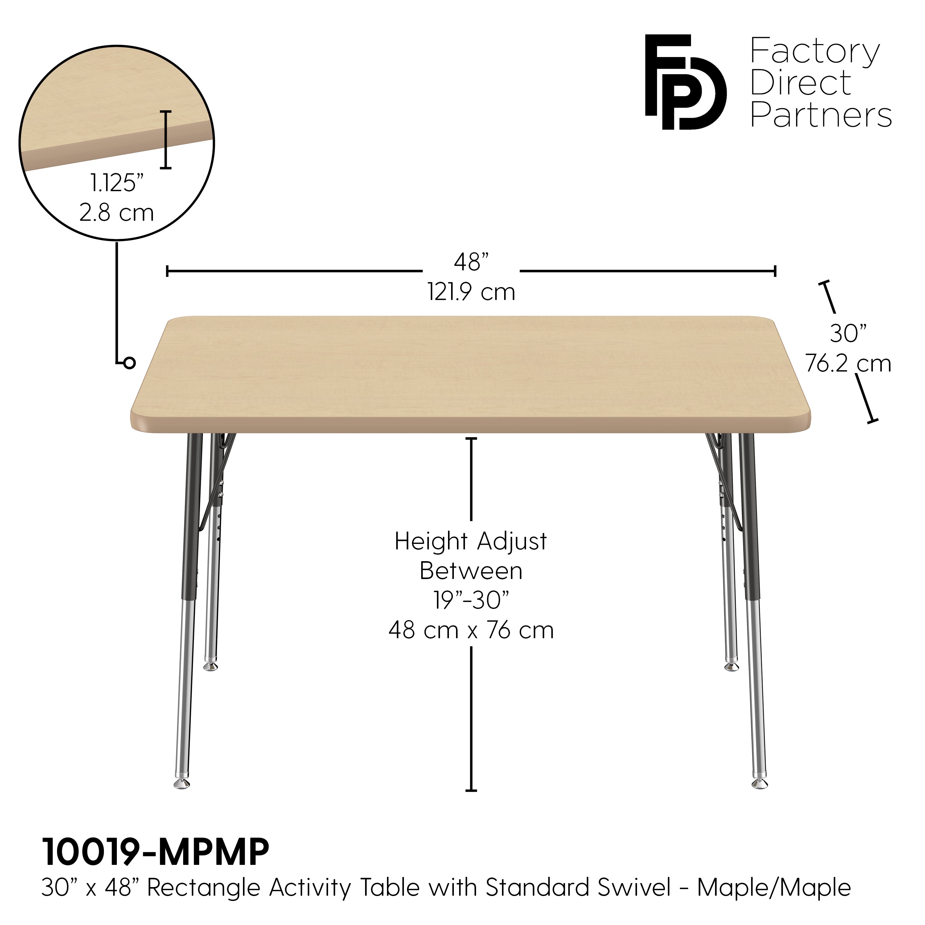 30" x 48" Rectangle T-Molding Activity Table with Adjustable Standard Swivel Glide Legs - Maple/Maple/Black