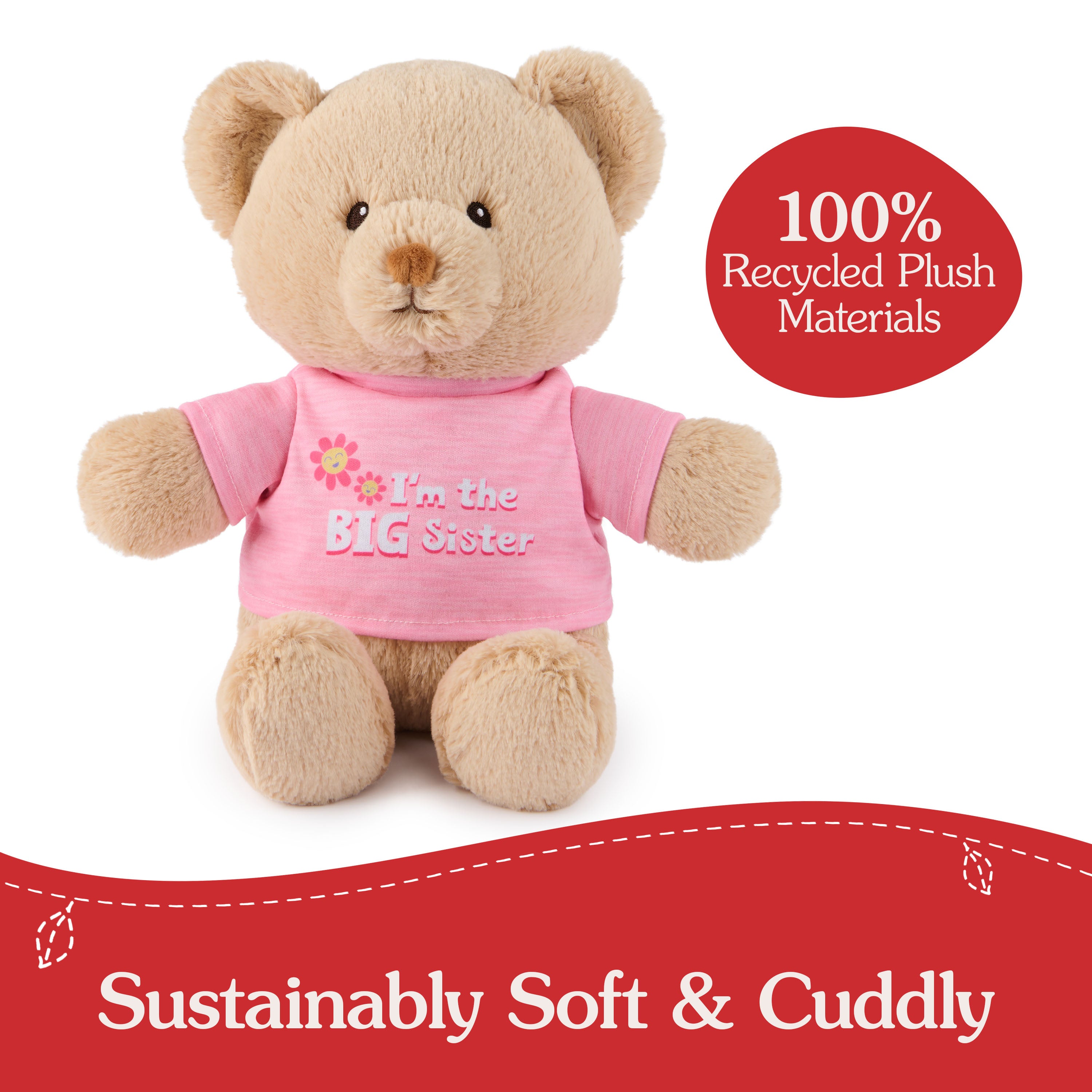 GUND “I'm the Big Sister” Sustainable Message Bear with Pink T-Shirt, Teddy Bear Made from 100% Recycled Materials for Ages 1 and Up, Tan, 12”