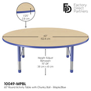 60" Round T-Molding Activity Table with Adjustable Chunky Legs - Maple/Blue