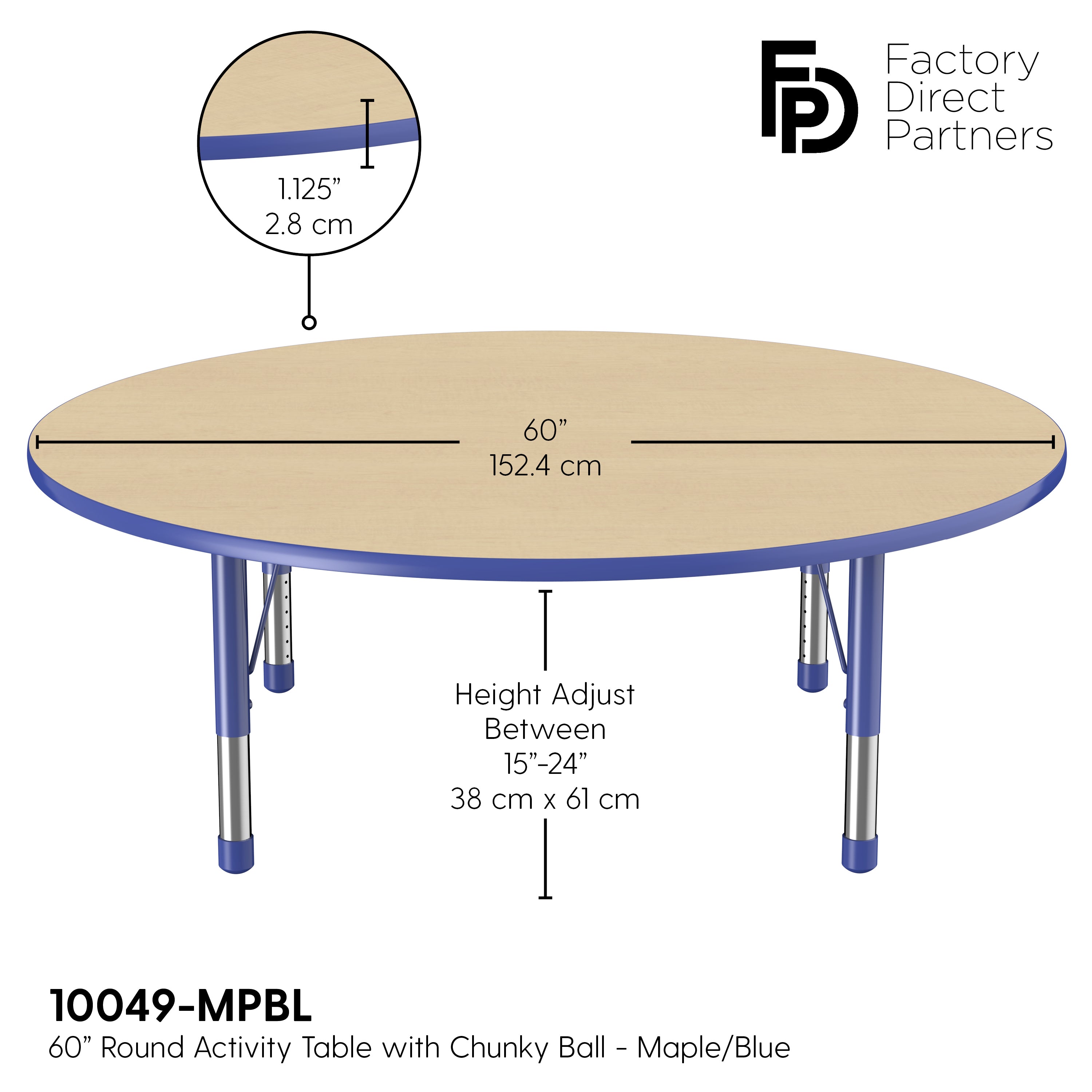 60" Round T-Molding Activity Table with Adjustable Chunky Legs - Maple/Blue