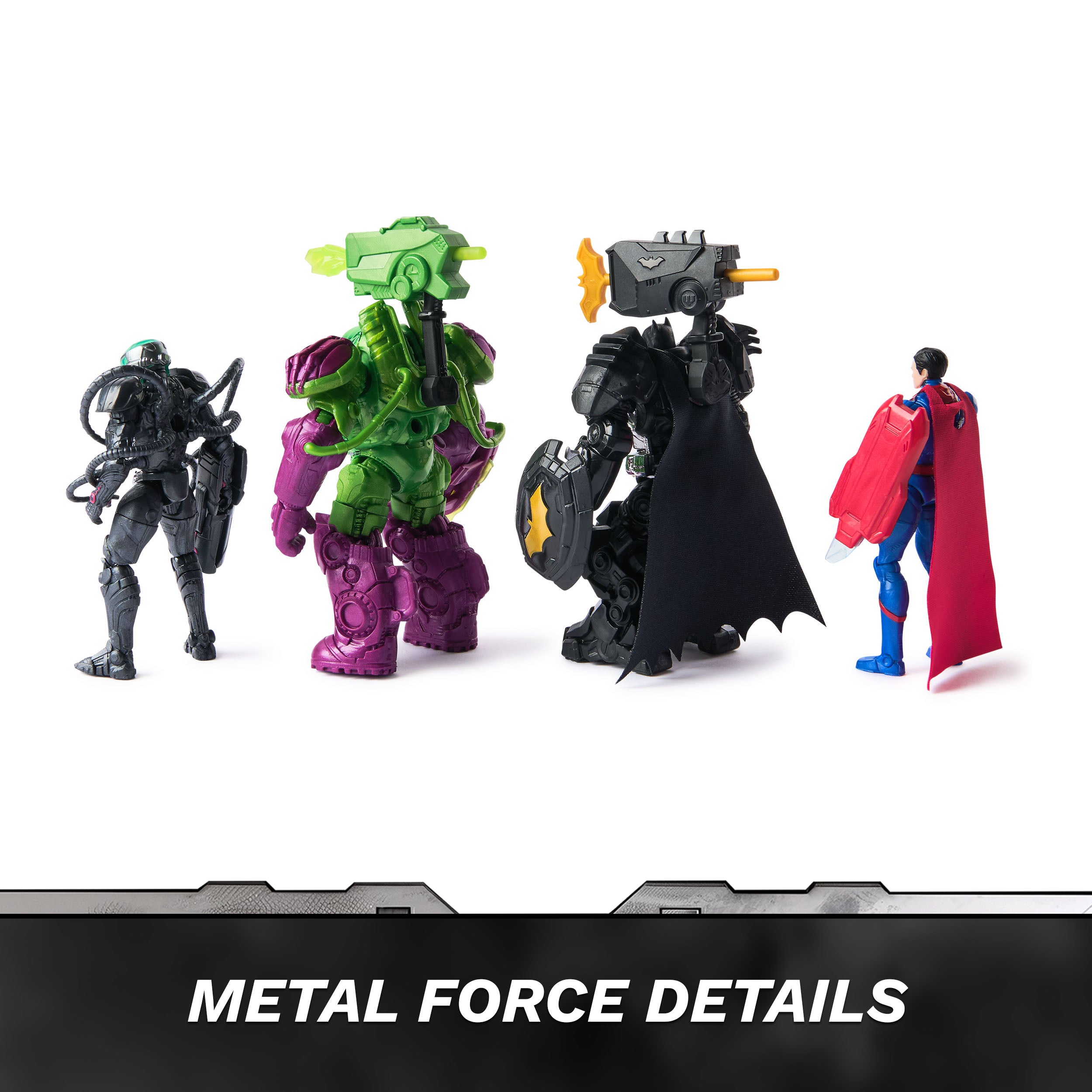 DC Comics, Metal Force Team Up Brainiac and Lex Luthor vs Batman and Superman Set, 4-Inch Action Figures with Exclusive Accessories, Includes Character Cards, Kids Toys of Boys Ages 4 and Up