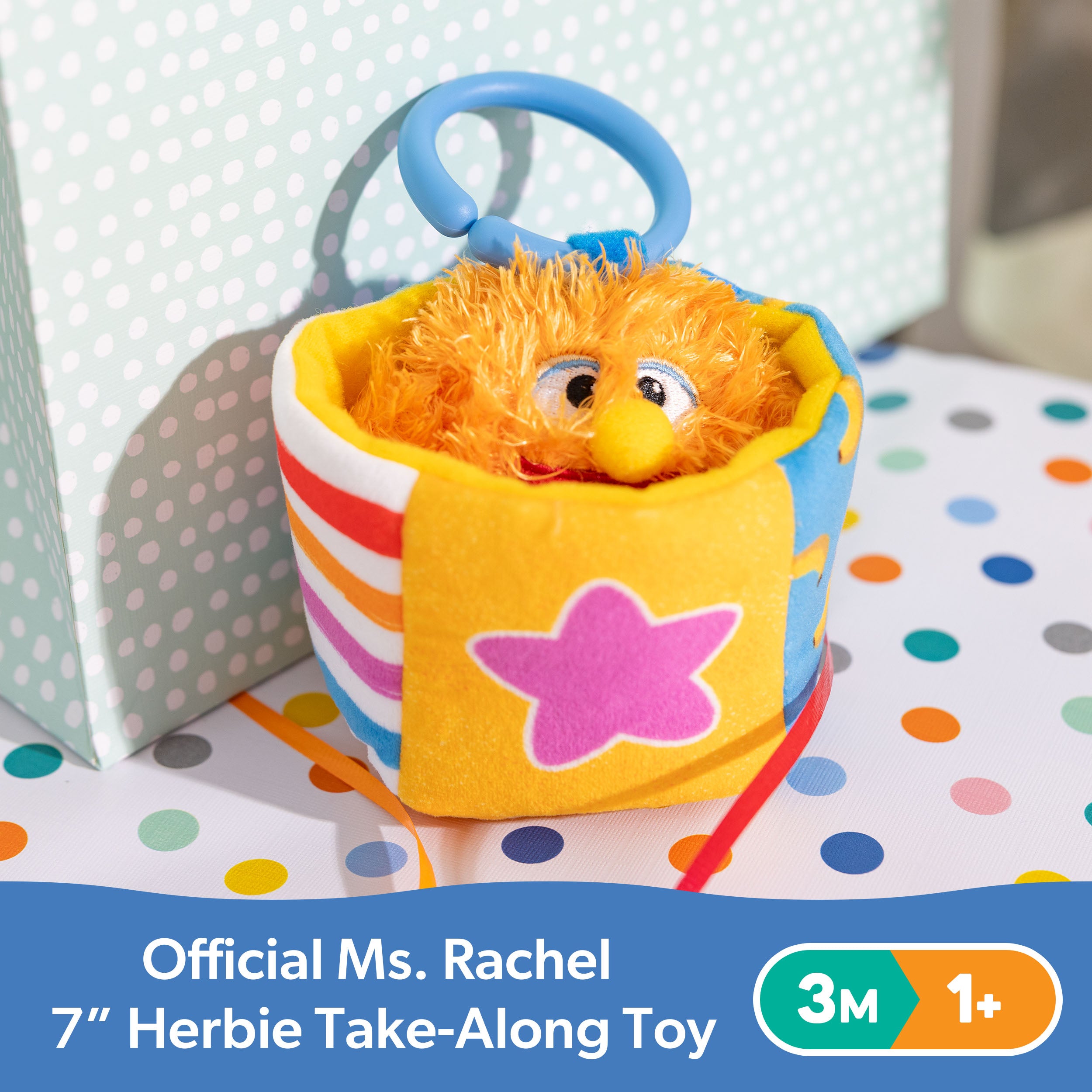 Ms. Rachel Official Herbie Sensory Take-Along Toy, Baby Swing & Baby Stroller Teething Toys w/ Rattle & Clip, Toddler Toys for Girls & Boys Ages 3 Months to 1+