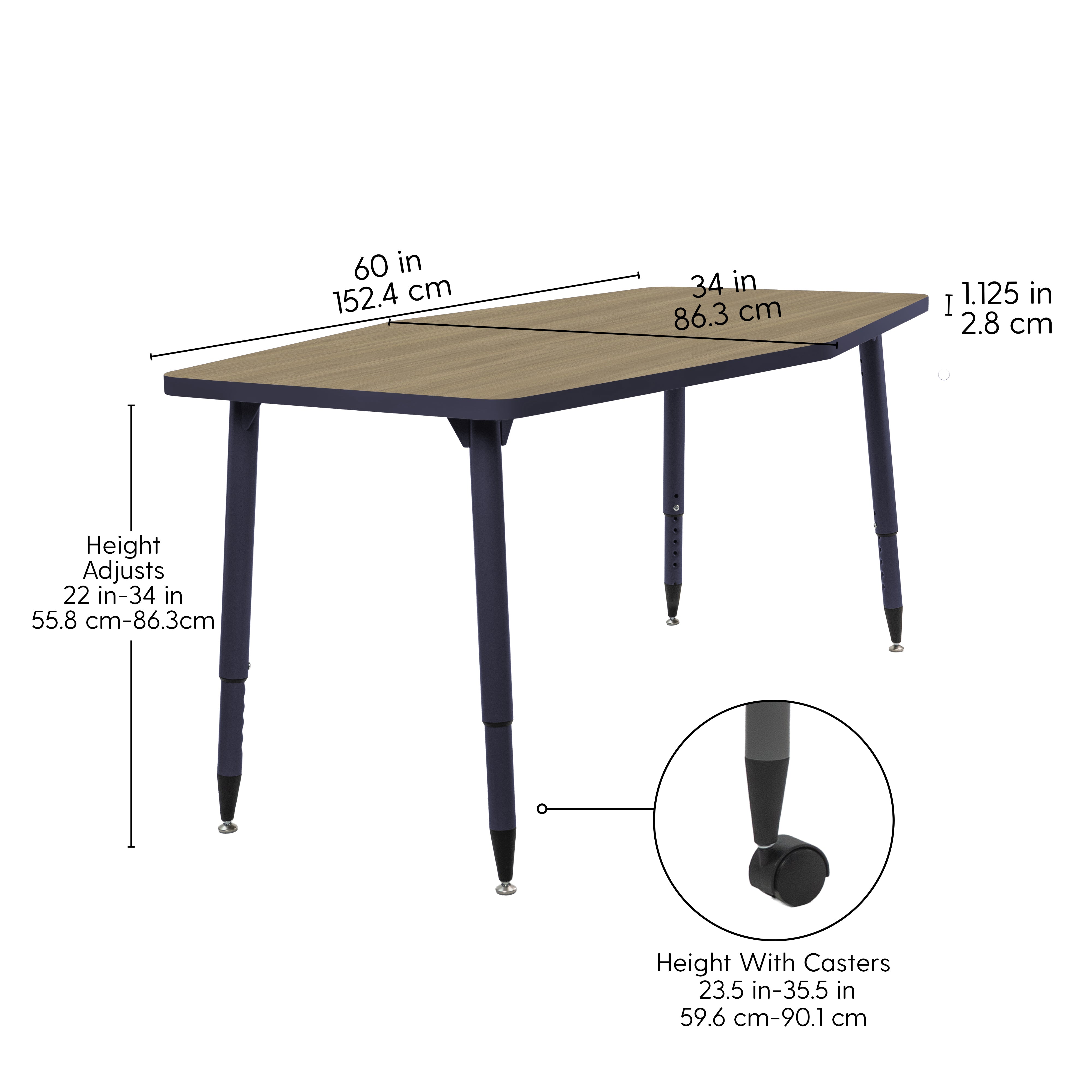 Adapte 34" x 60" Long Hexagon Thermofused Activity Table with Adjustable Tapered Legs - Pasadena Oak/Navy