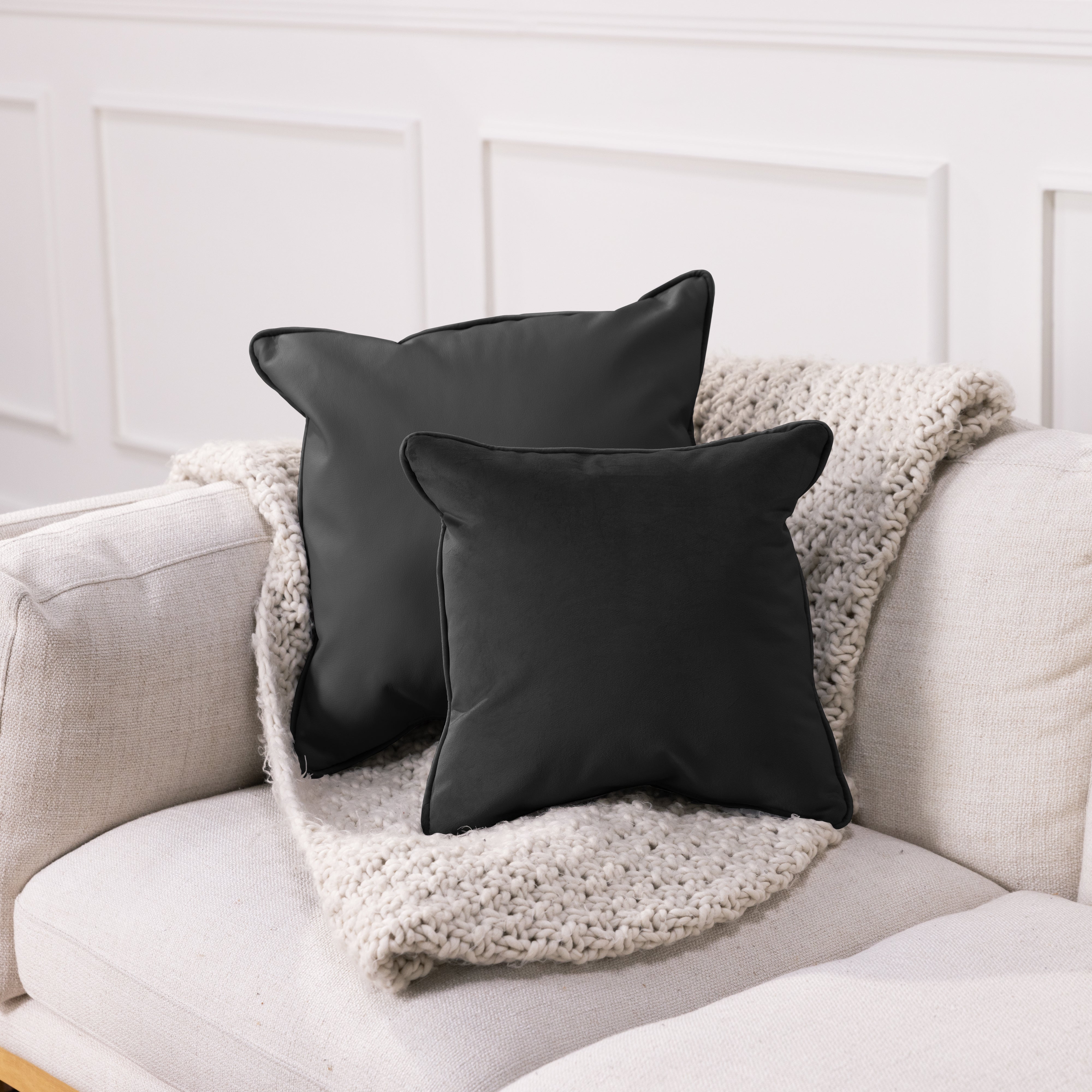 18" x 18" Square Microfiber and Faux Leather Pillow with Piping, 2-Piece - Onyx