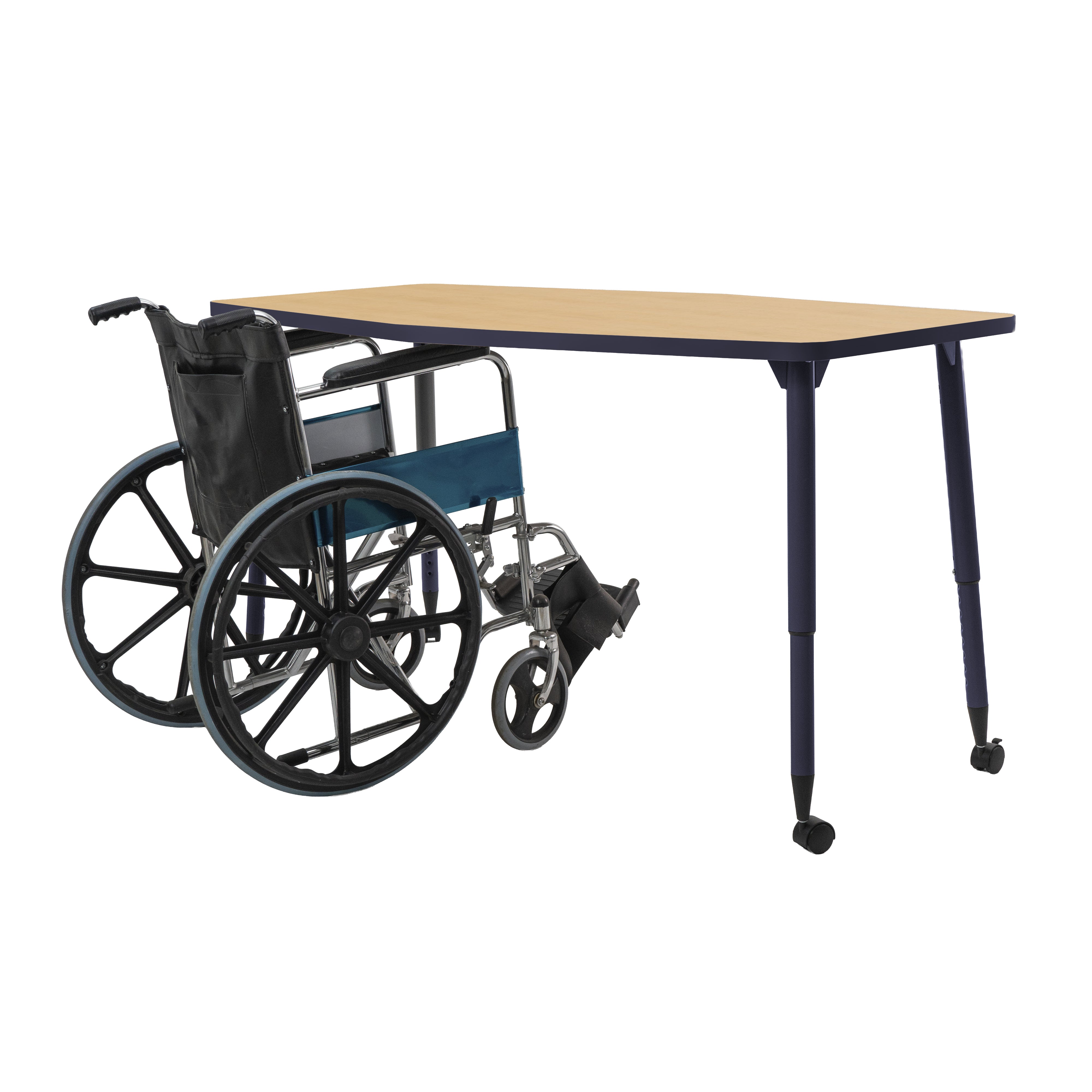 Adapte 34" x 60" Long Hexagon Thermofused Activity Table with Adjustable Tapered Legs - Maple/Navy