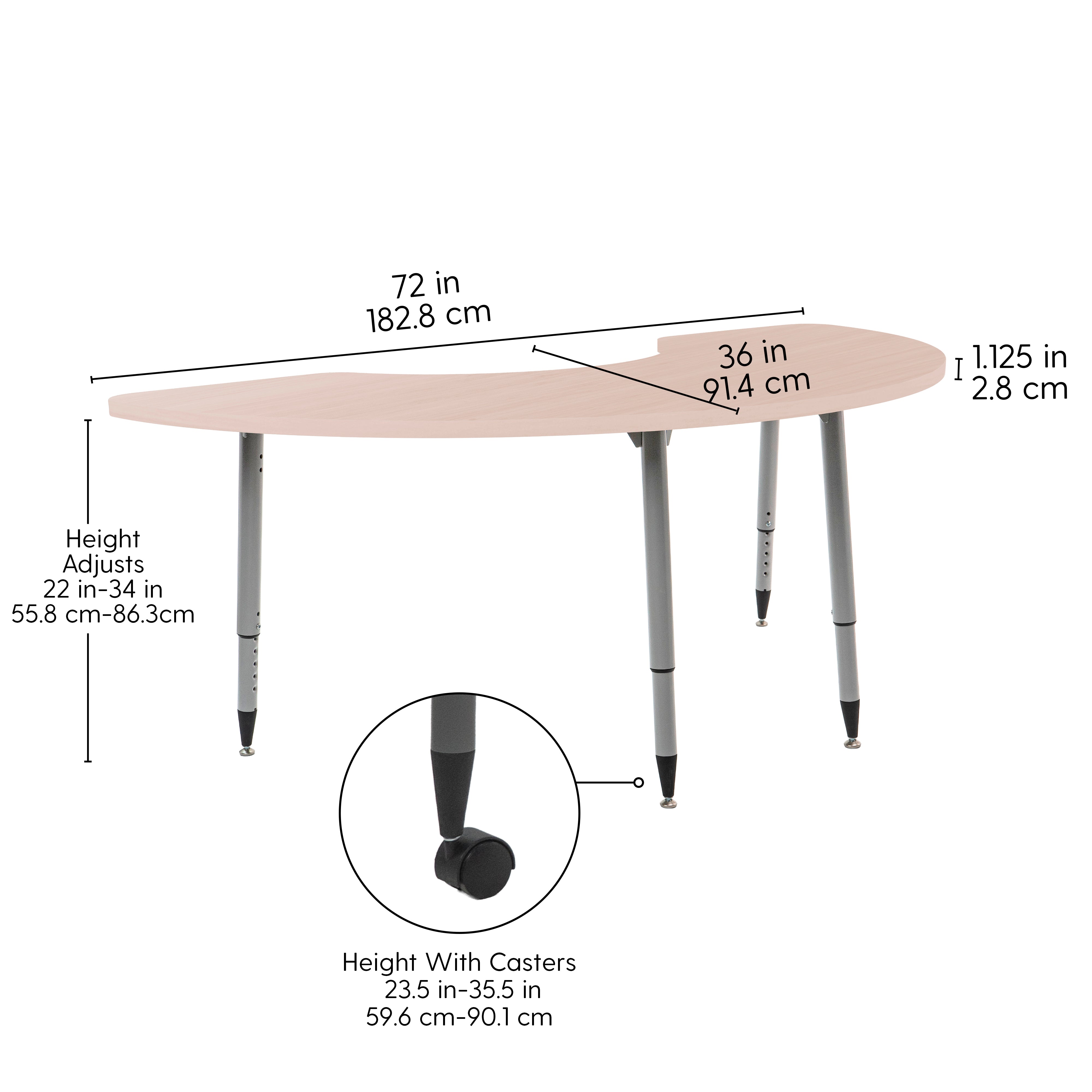 Adapte 36" x 72" Half Moon Woodgrain Activity Table with Adjustable Tapered Legs - Asian Sand/Silver