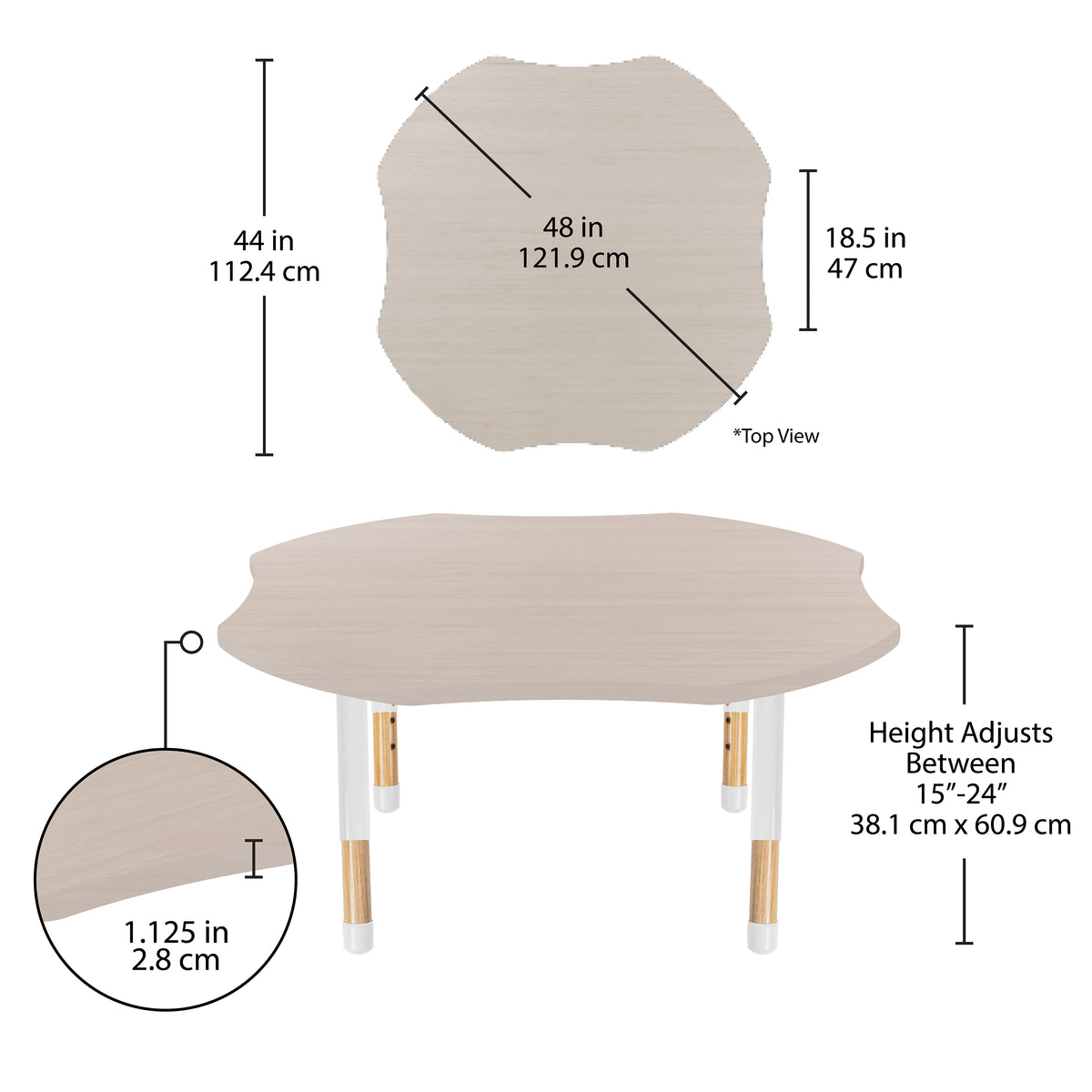48" x 48" Clover Thermofused Activity Table with Adjustable Chunky Wood Legs - Asian Sand/White/Natural