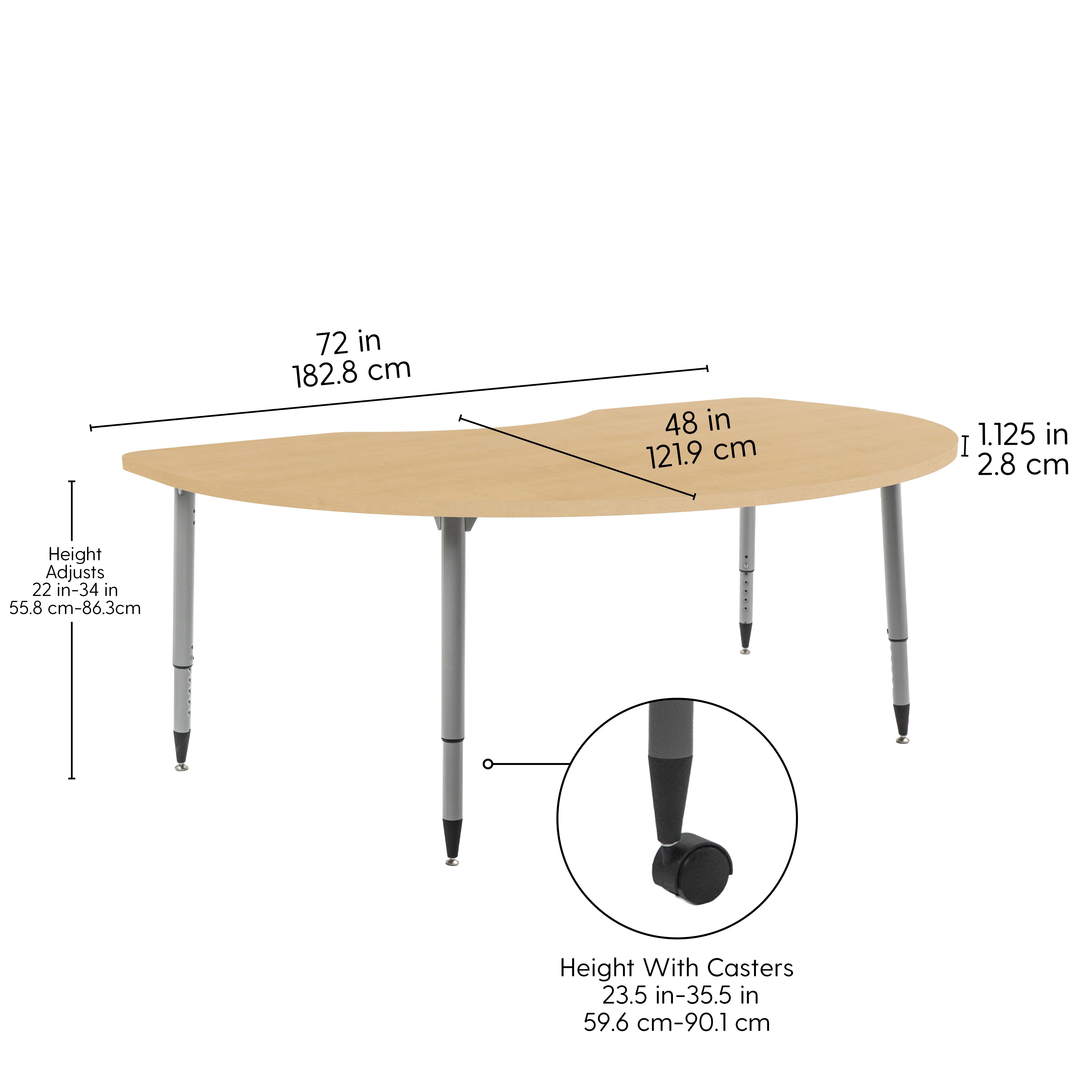Adapte 48" x 72" Kidney Woodgrain Activity Table with Adjustable Tapered Legs - Maple Grain/Silver