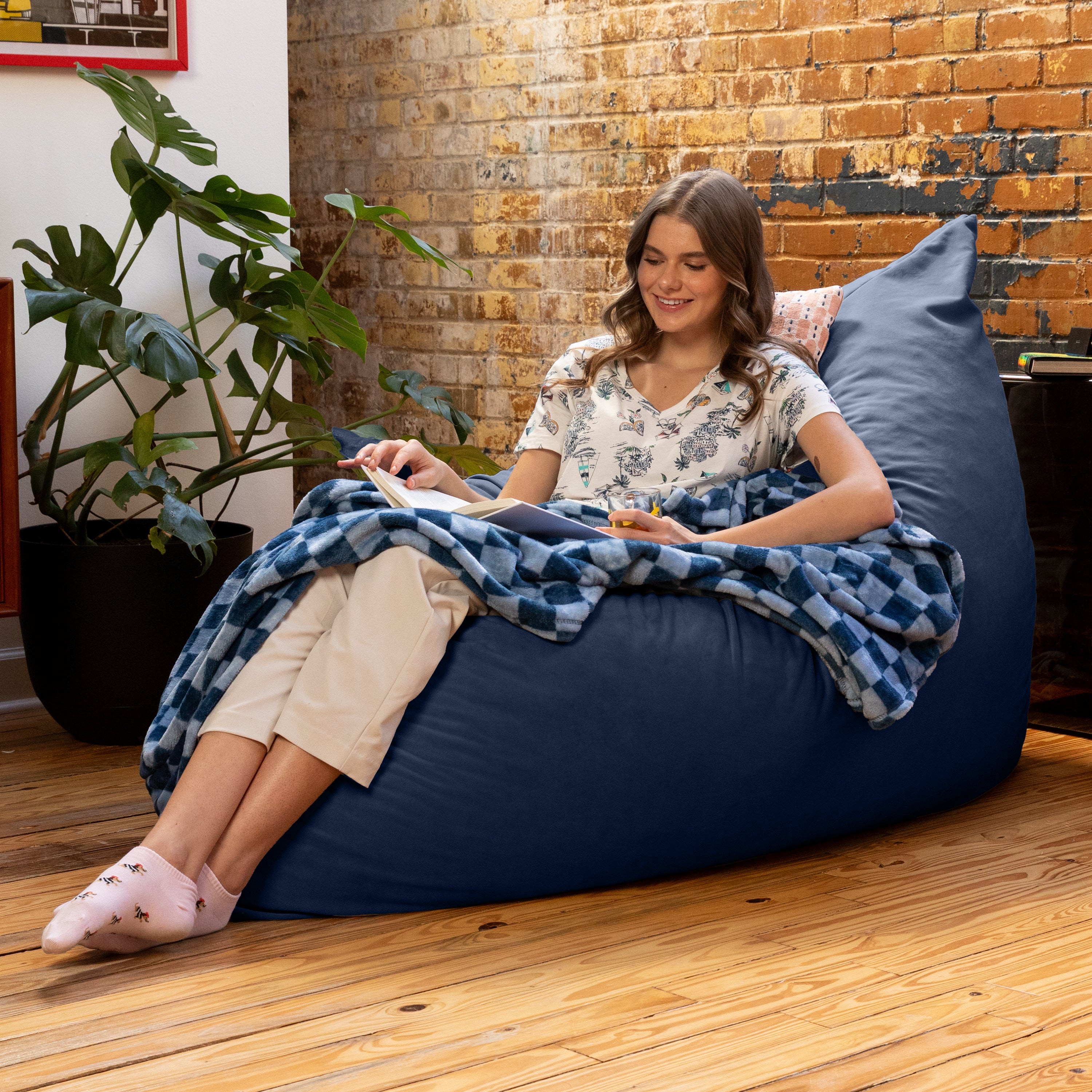 Jaxx Pillow Saxx 5.5-Foot Décor Bean Bag Giant Floor Pillow Lounge, Lush Velvet Navy Blue