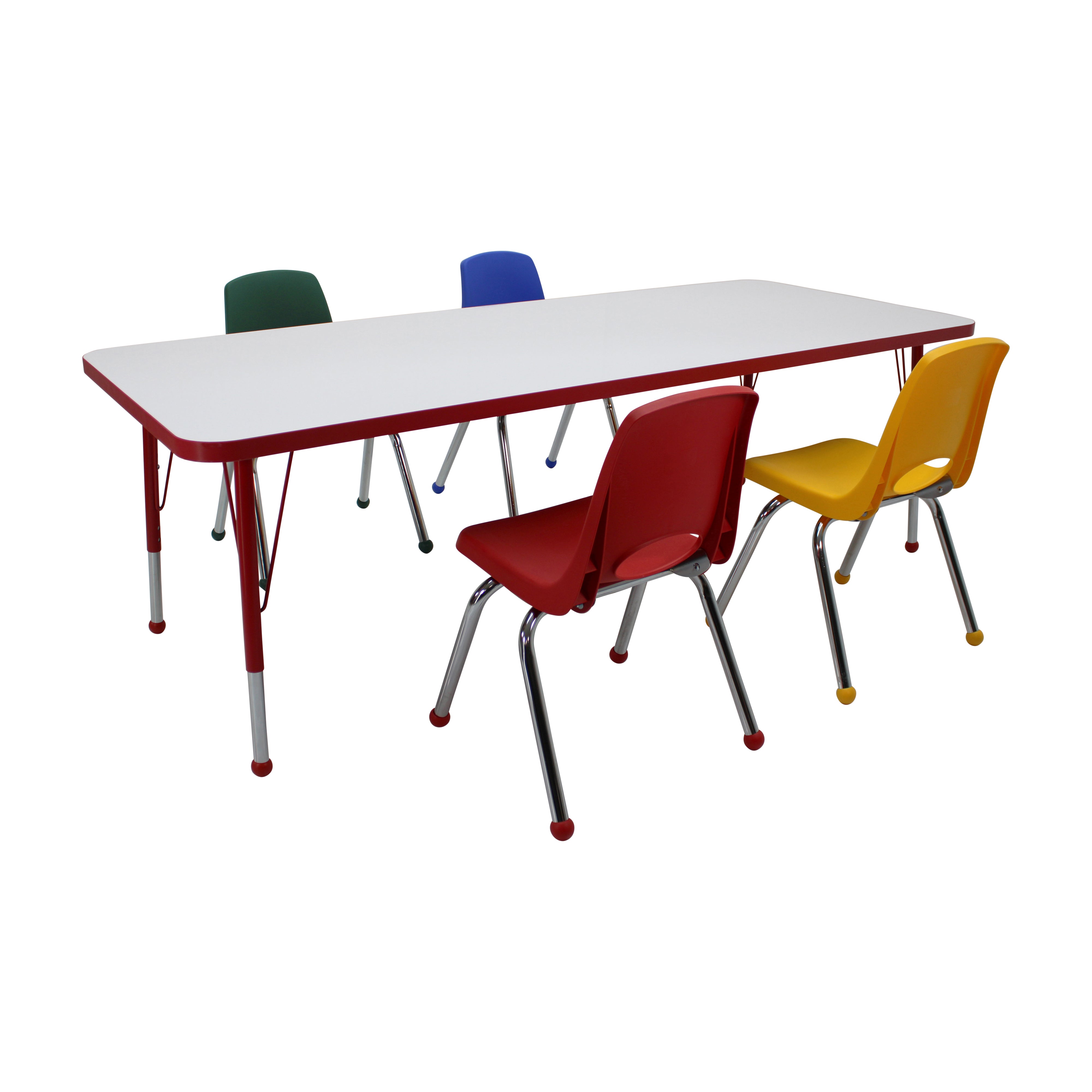 30" x 72" Rectangle Dry-Erase Activity Table with Standard Legs and 14" Stack Chairs with Ball Glides, 5-Piece Set - Whiteboard/Red/Assorted