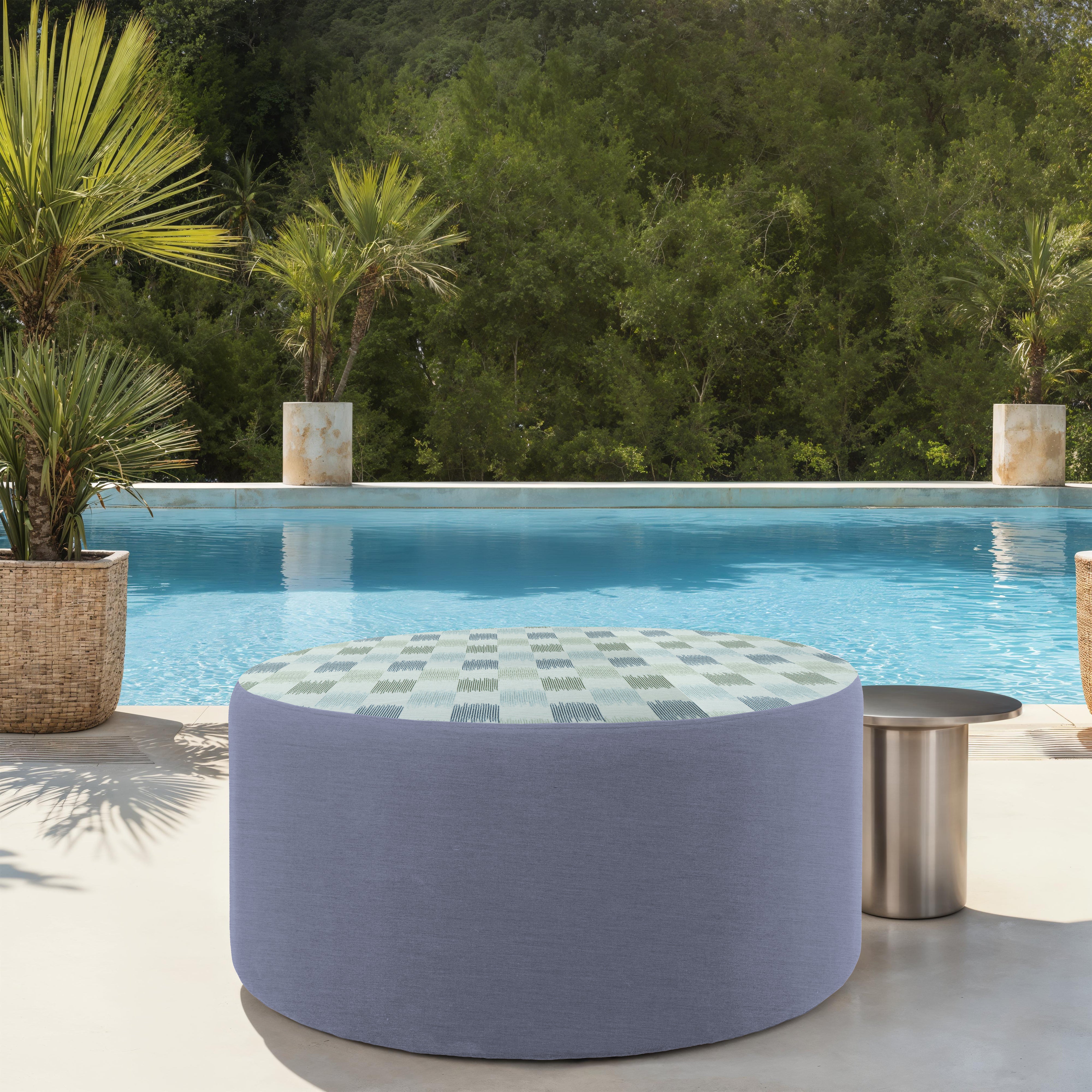 Outdoor 36" Round Ottoman with Sunbrella, 18" H - Dream Mist/Canvas Haze