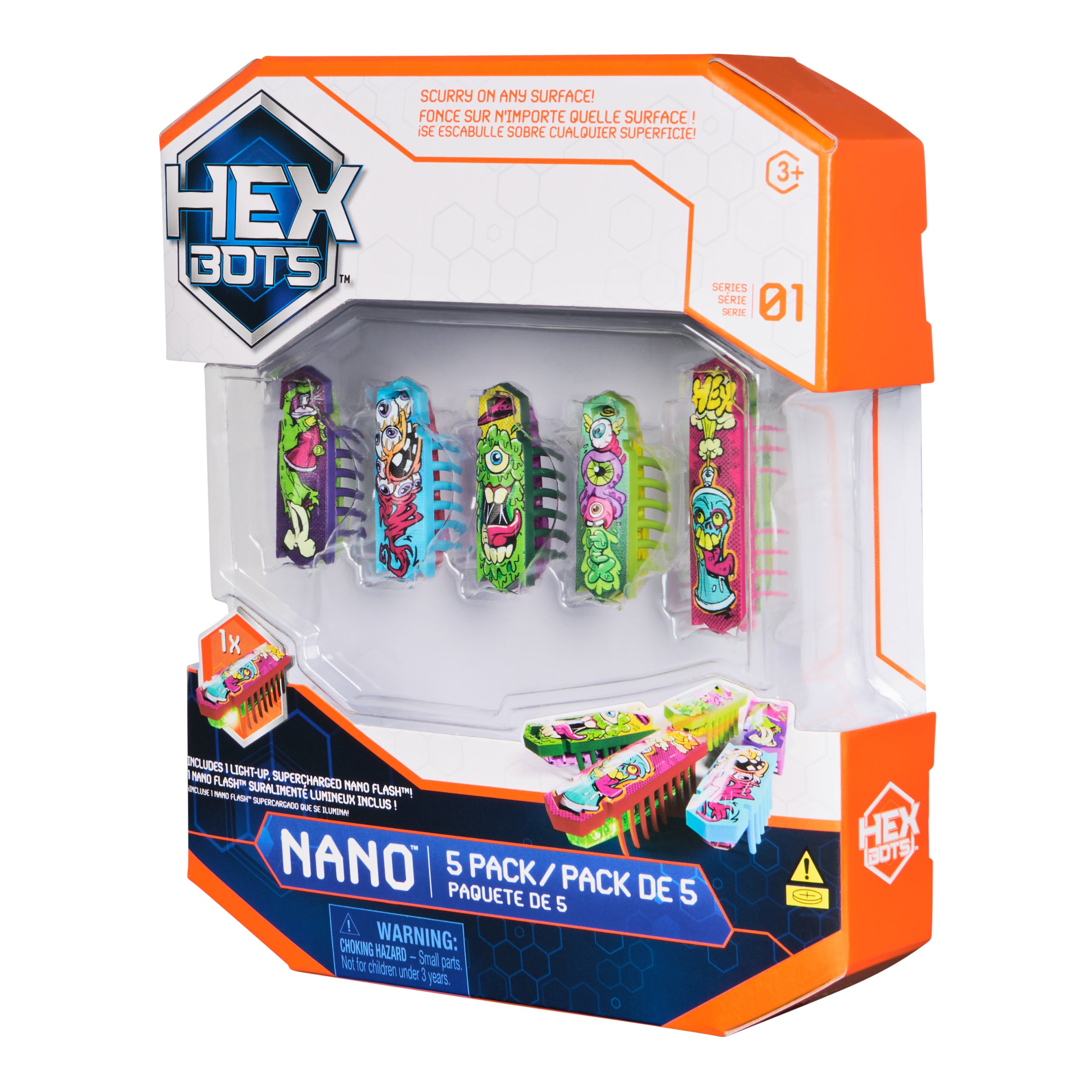 HEX BOTS Nano 5 Pack, 4 Mini Bots with Bonus Flash Bot, Sensory Toy for Kids & Cats, Vibration Technology, Mini Robot Toy for Kids 3 & Up