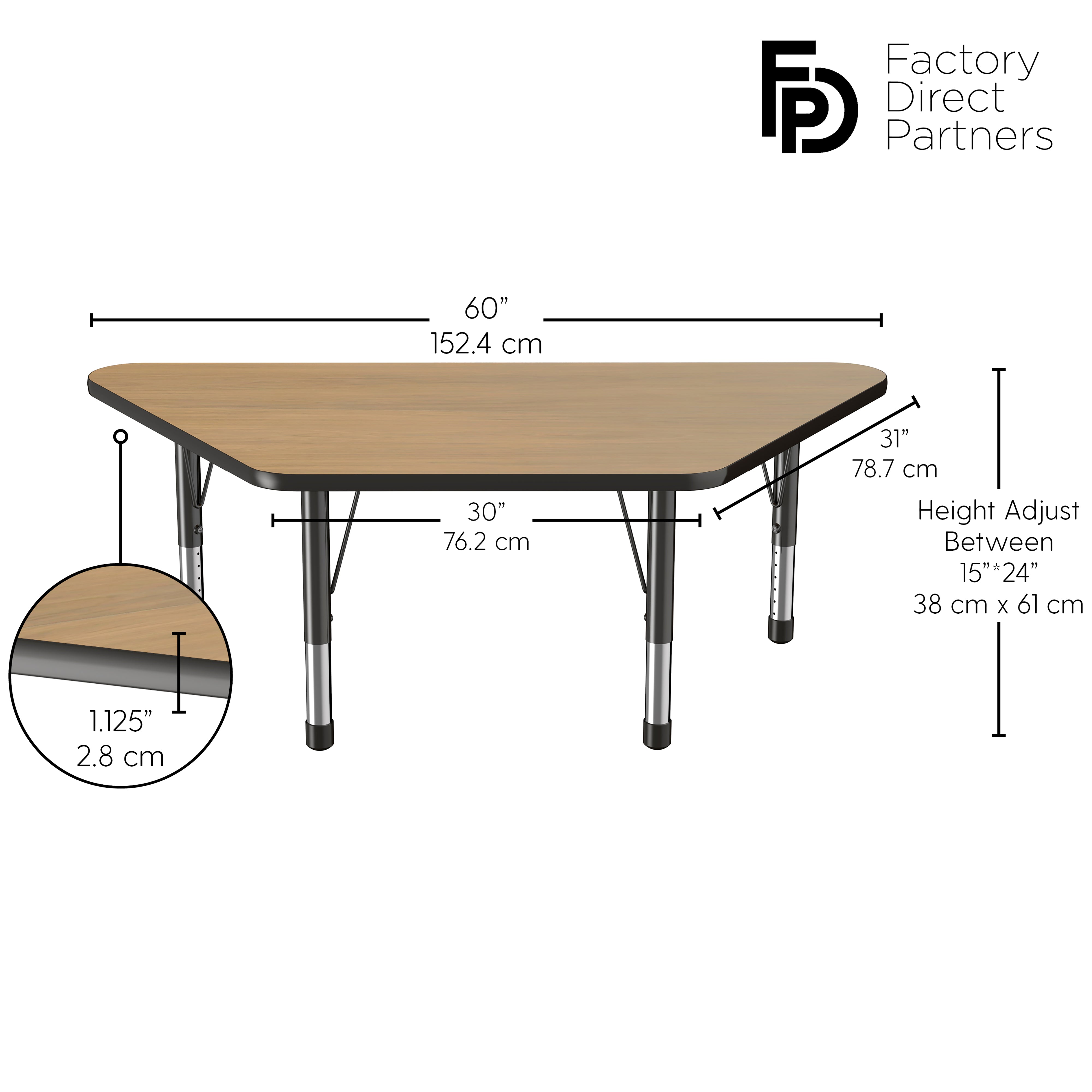 30" x 60" Trapezoid T-Molding Activity Table with Adjustable Chunky Legs - Pasadena Oak/Black