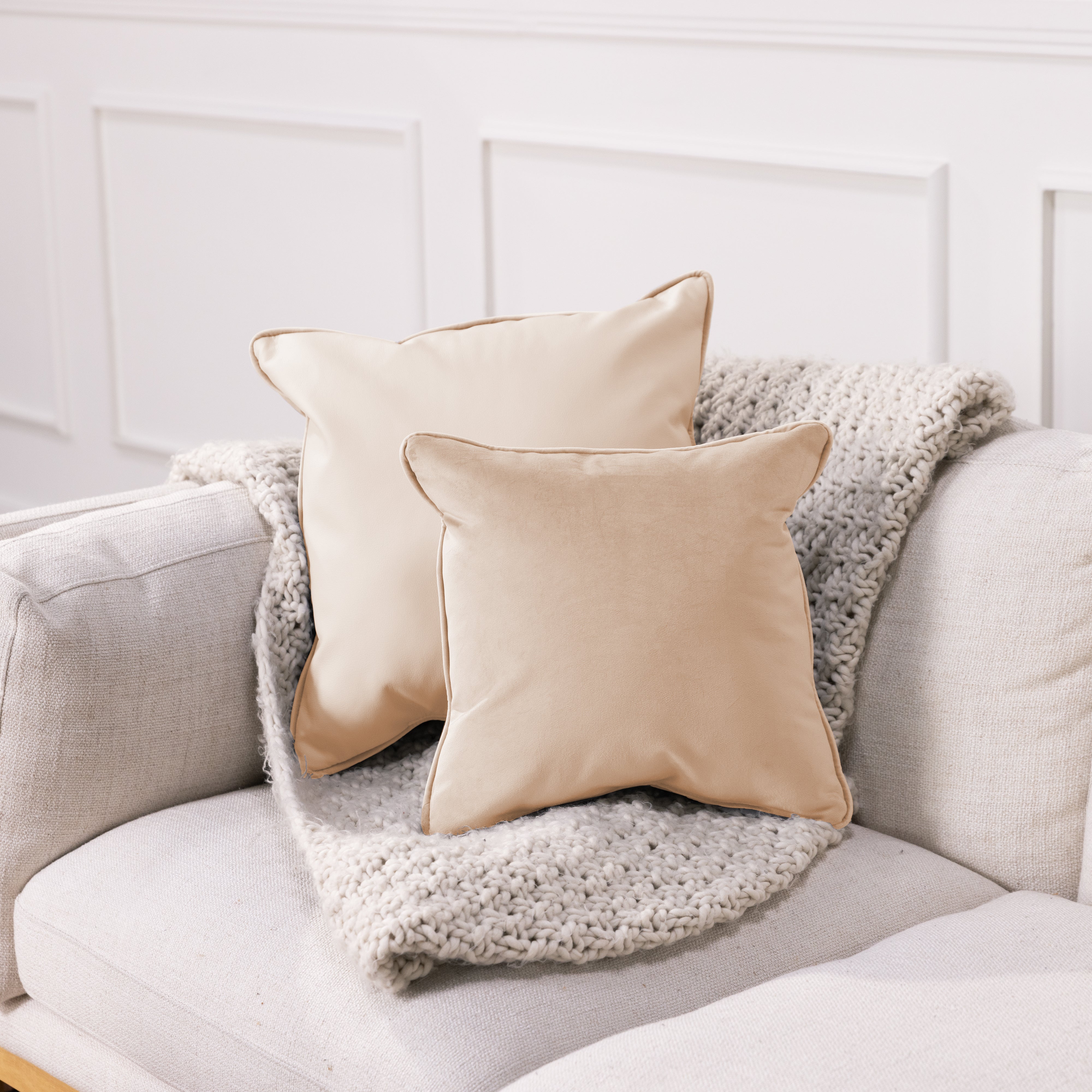 18" x 18" Square Microfiber and Faux Leather Pillow with Piping, 2-Piece - Beige