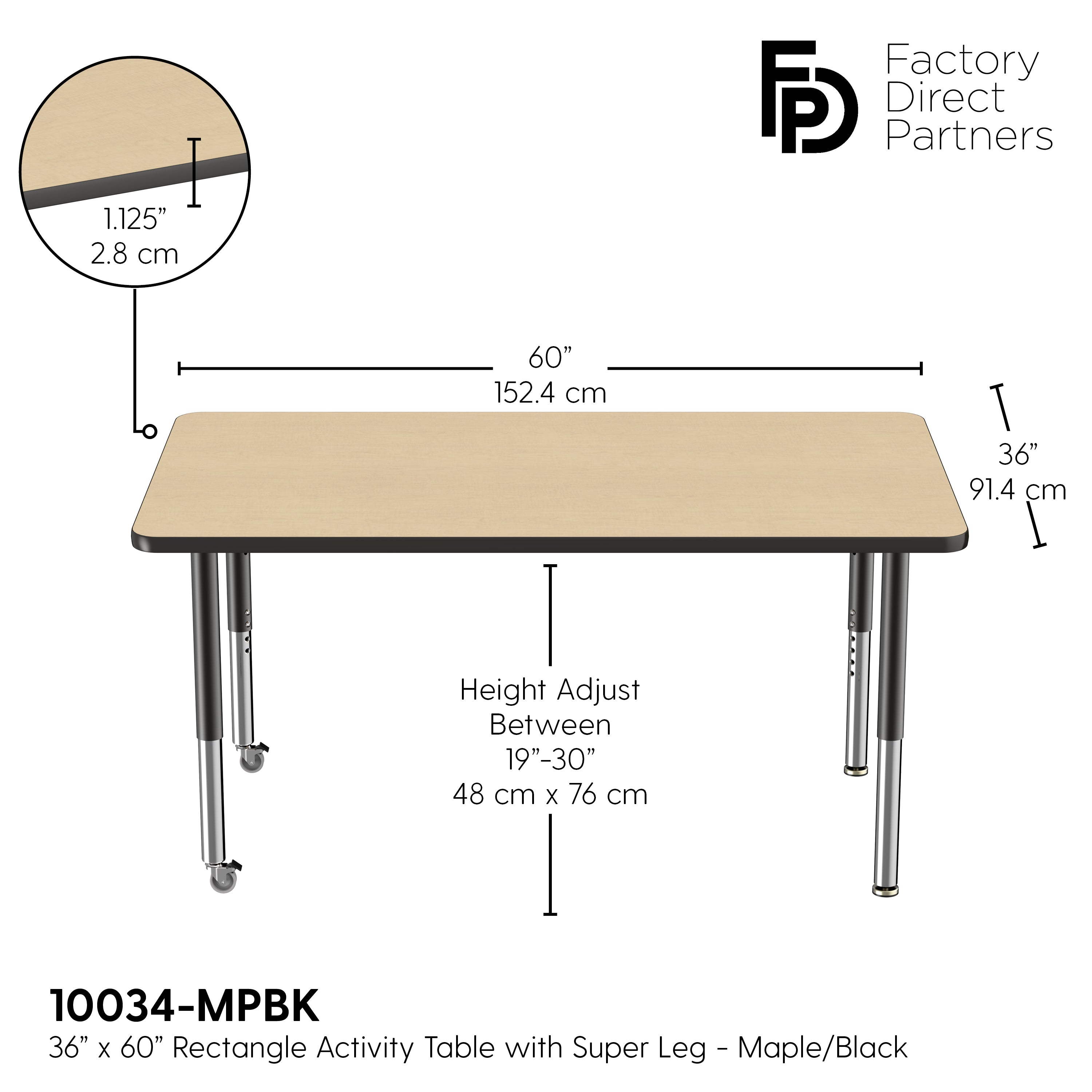36" x 60" Rectangle T-Molding Activity Table with Adjustable Super Legs - Maple/Black