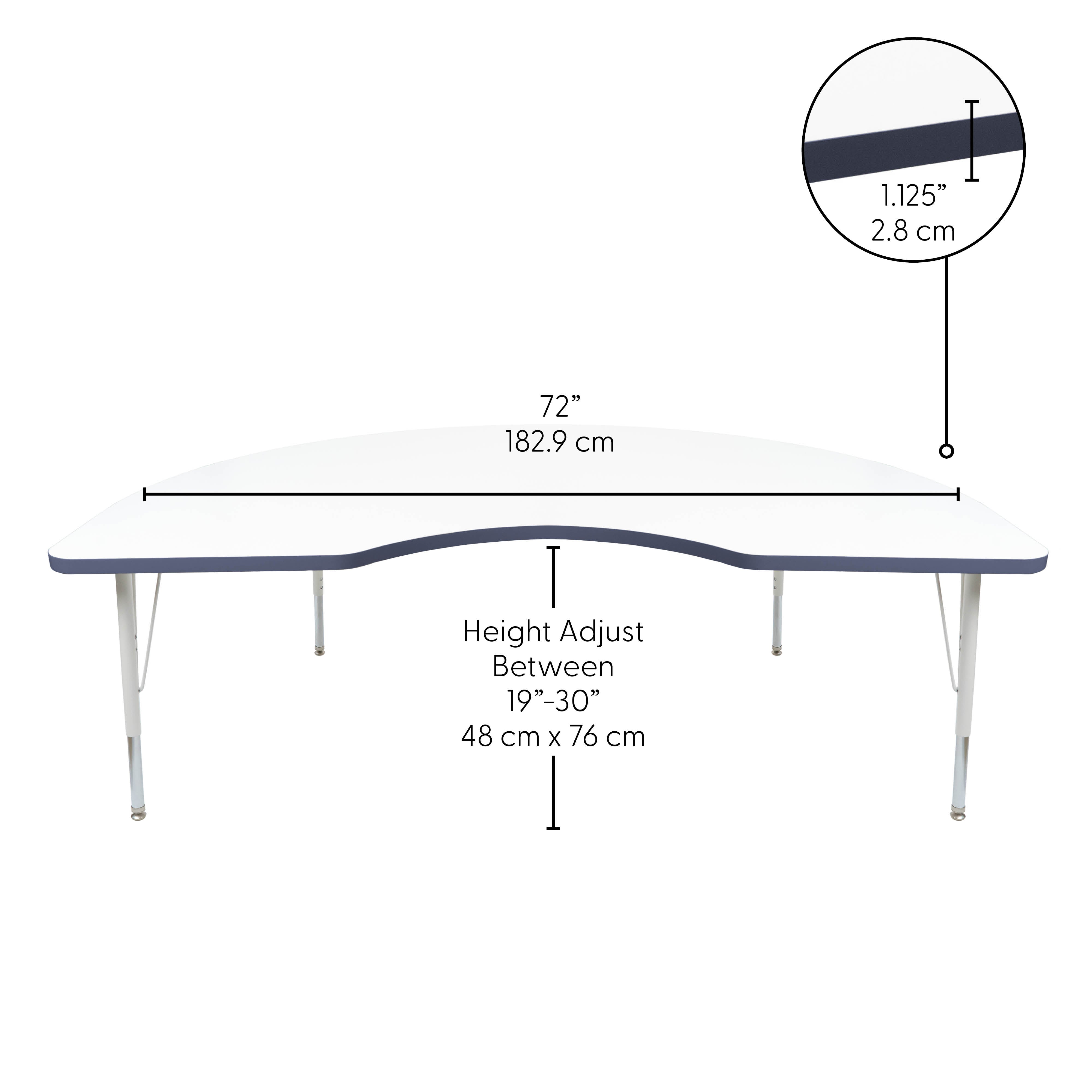 48" x 72" Kidney Thermofused Activity Table with Adjustable Standard Swivel Glide Legs - White/Navy/White